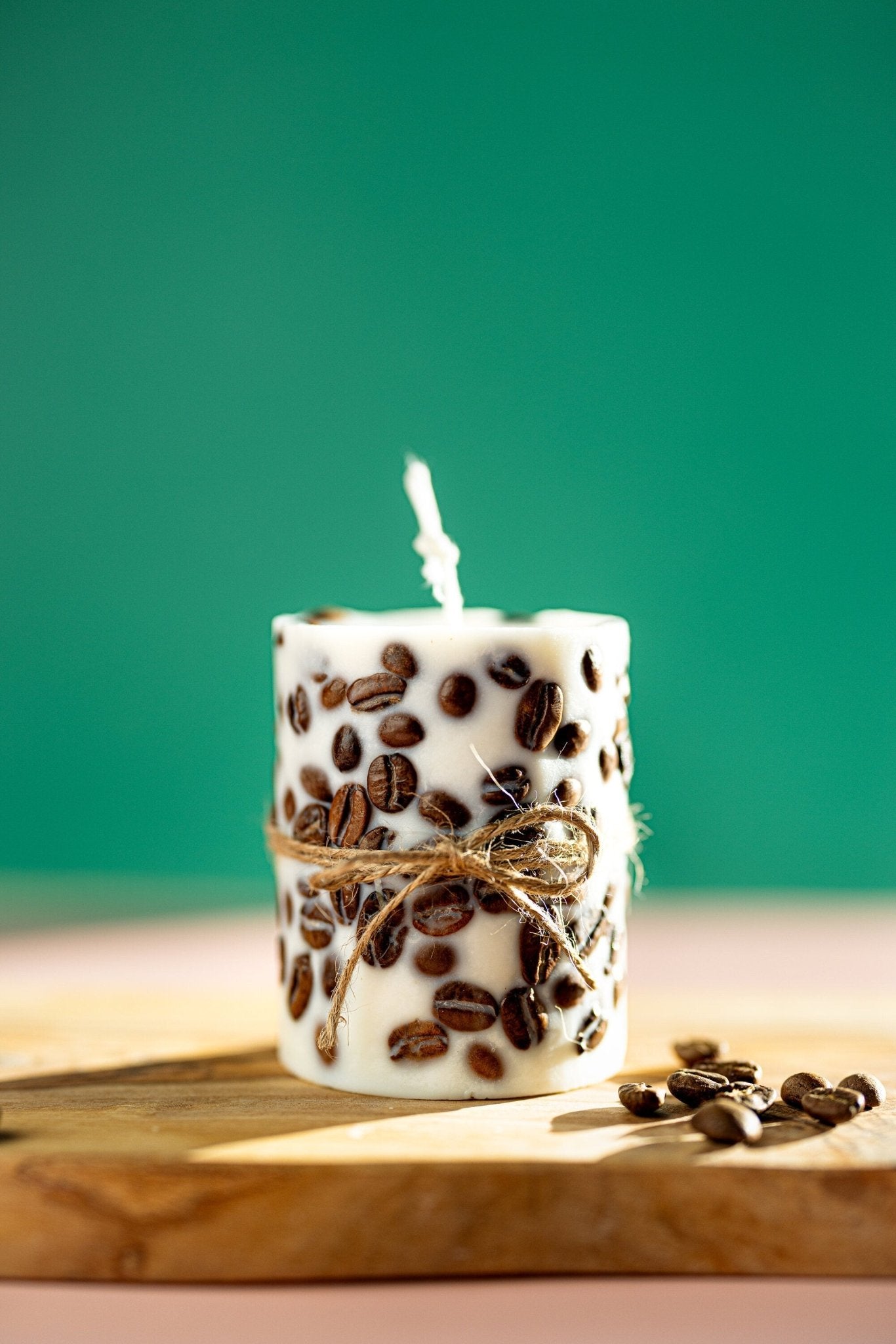 Handcrafted Coffee Bean-Wrapped Pillar Candle -With Real Coffee Bins