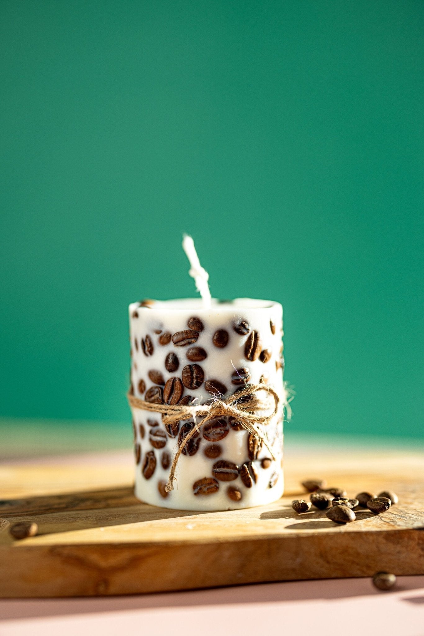 Handcrafted Coffee Bean-Wrapped Pillar Candle -With Real Coffee Bins
