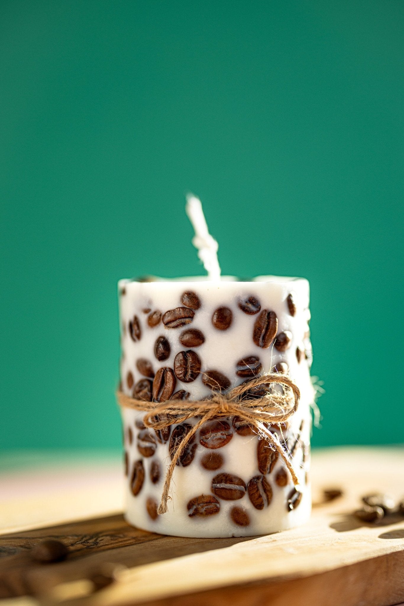 Handcrafted Coffee Bean-Wrapped Pillar Candle -With Real Coffee Bins