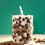 Handcrafted Coffee Bean-Wrapped Pillar Candle -With Real Coffee Bins