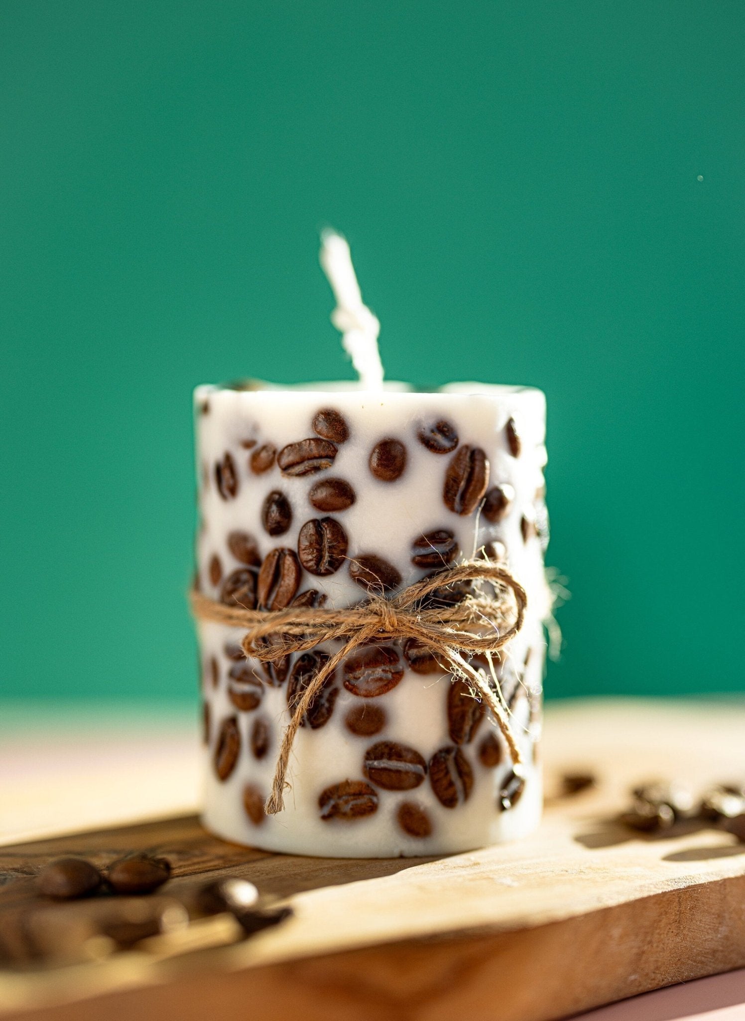 Handcrafted Coffee Bean-Wrapped Pillar Candle -With Real Coffee Bins