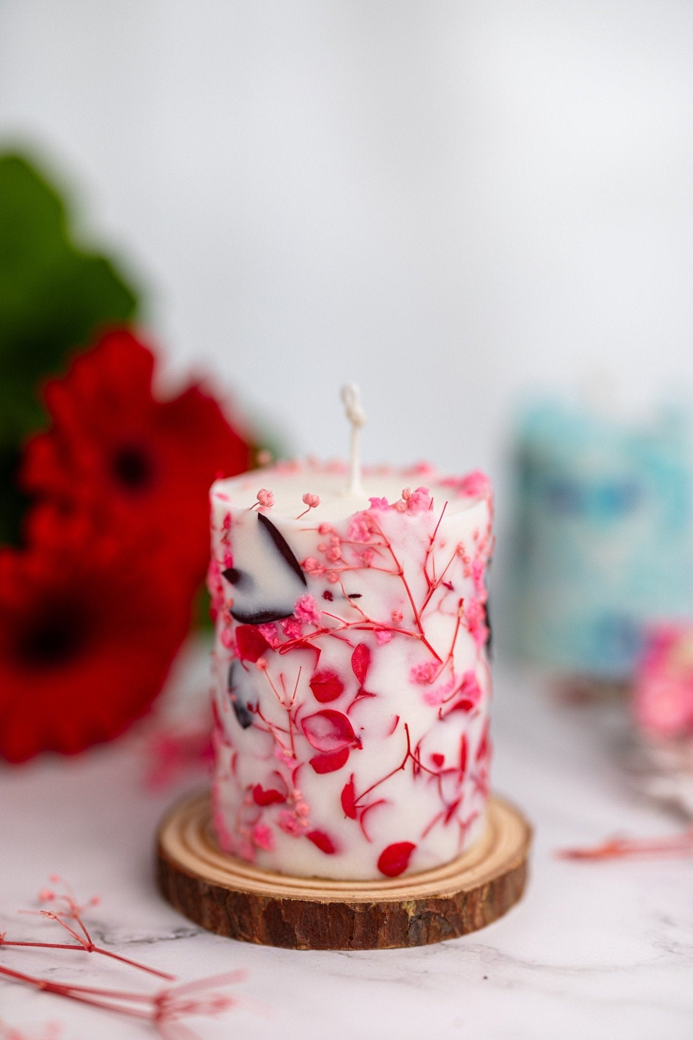 Botanical candle with pressed dried flowers, housewarming gift, best friend gift, floral soy candle, thinking of you gift, Pink Flowers