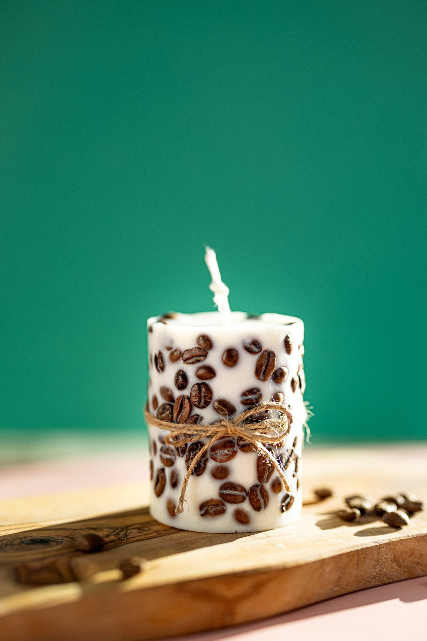 Handcrafted Coffee Bean-Wrapped Pillar Candle -With Real Coffee Bins