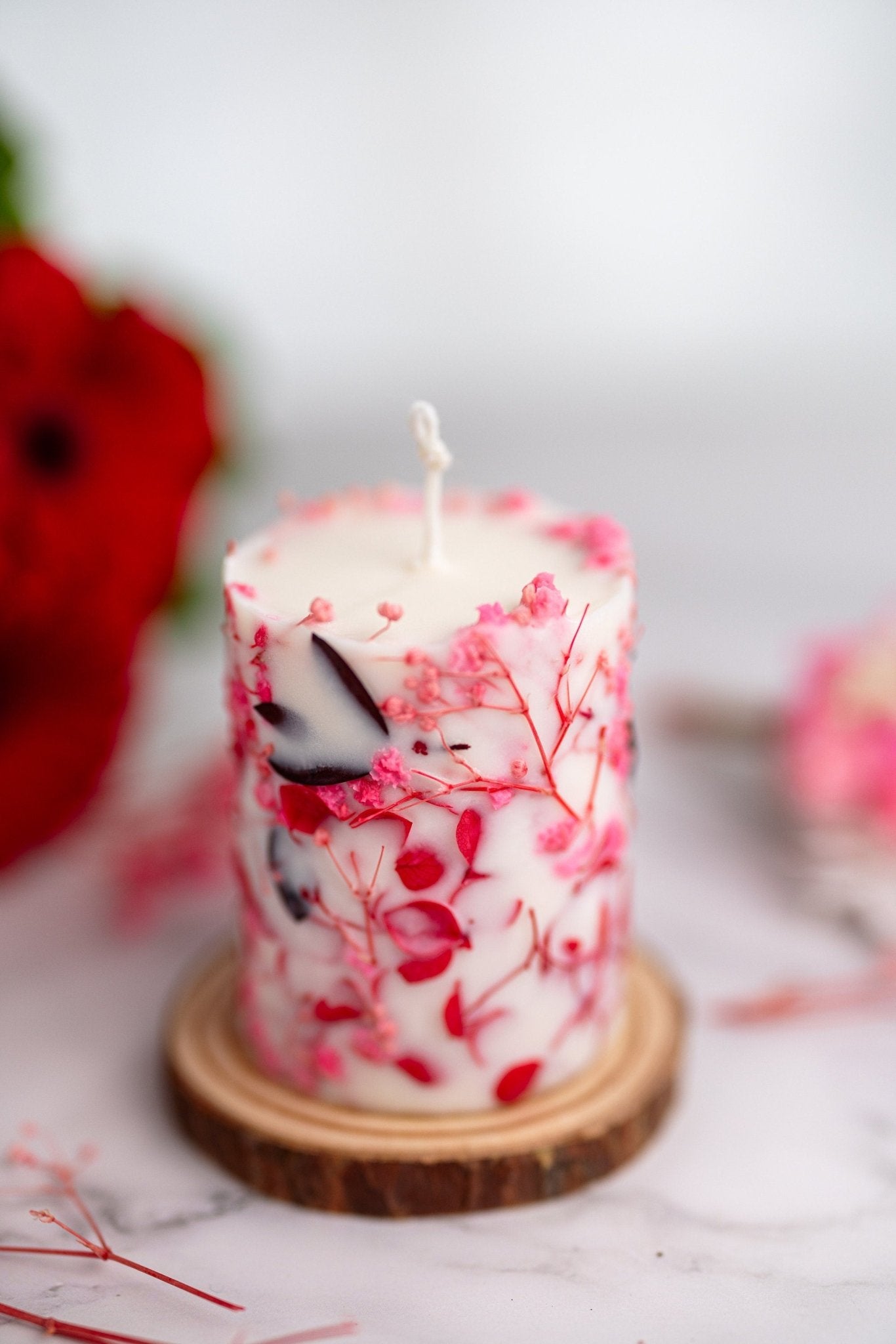 Botanical candle with pressed dried flowers, housewarming gift, best friend gift, floral soy candle, thinking of you gift, Pink Flowers