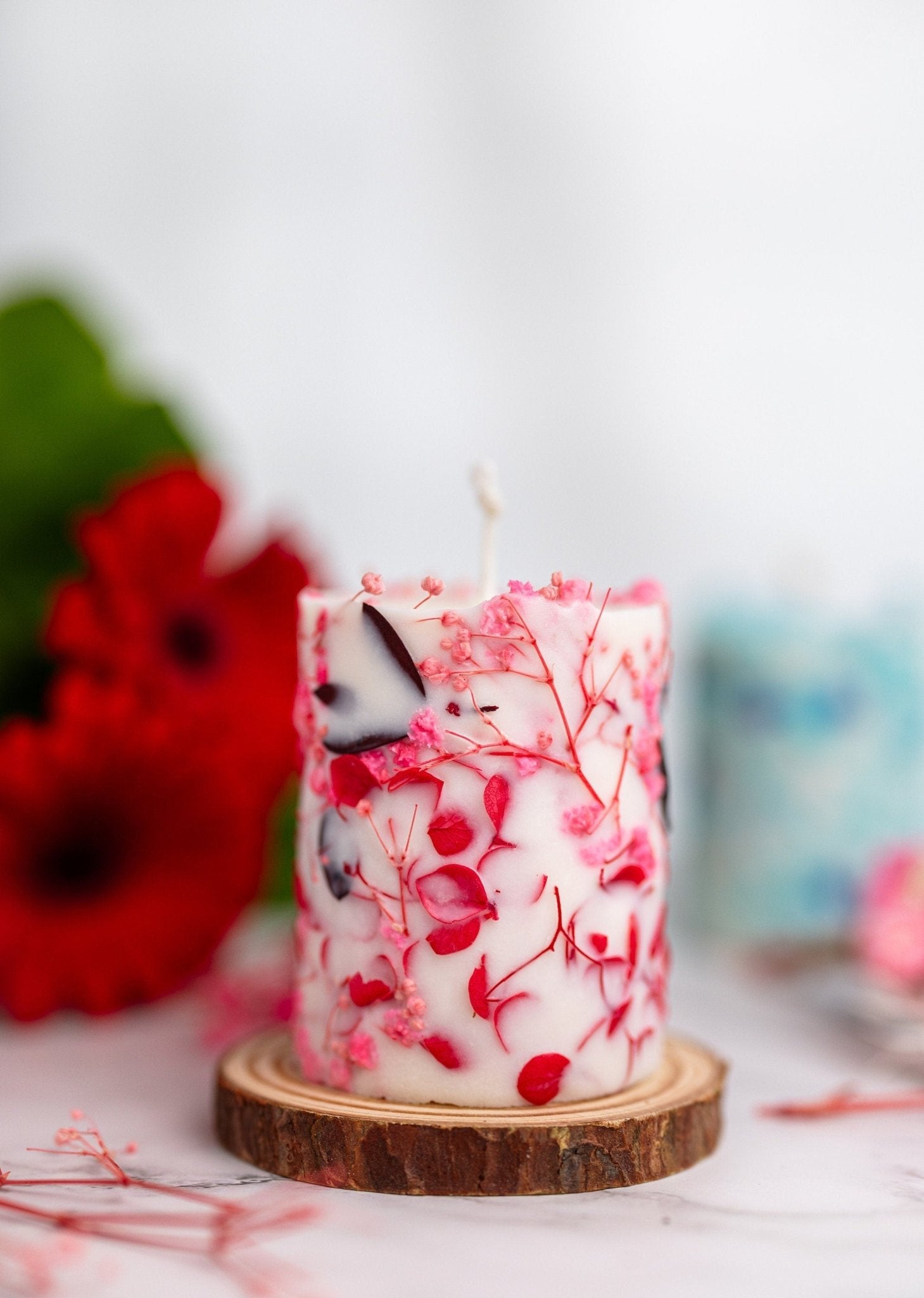 Botanical candle with pressed dried flowers, housewarming gift, best friend gift, floral soy candle, thinking of you gift, Pink Flowers