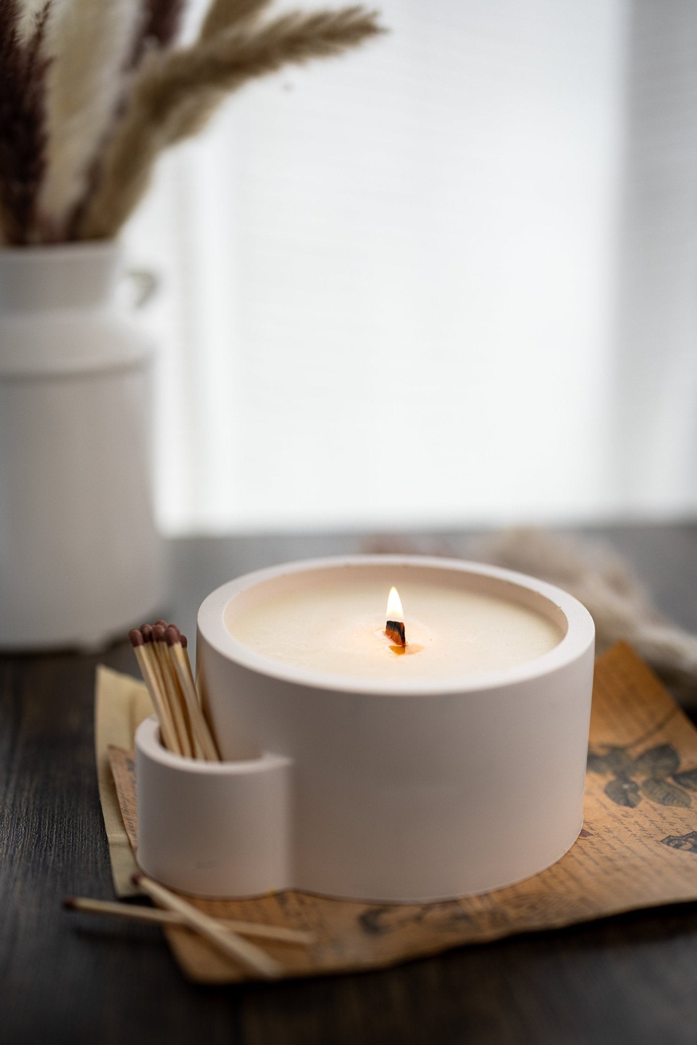 Concrete Vessel Candle  Match Holder , Jesmonite Resin ,Flower Pot, Large Candle with Matches