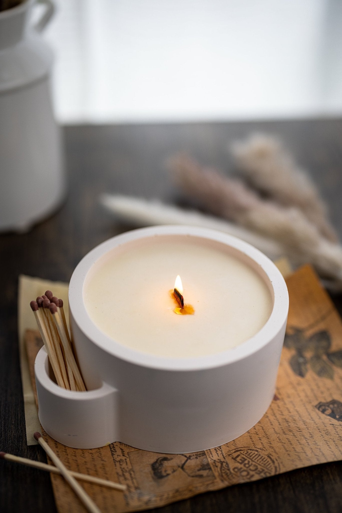 Concrete Vessel Candle  Match Holder , Jesmonite Resin ,Flower Pot, Large Candle with Matches