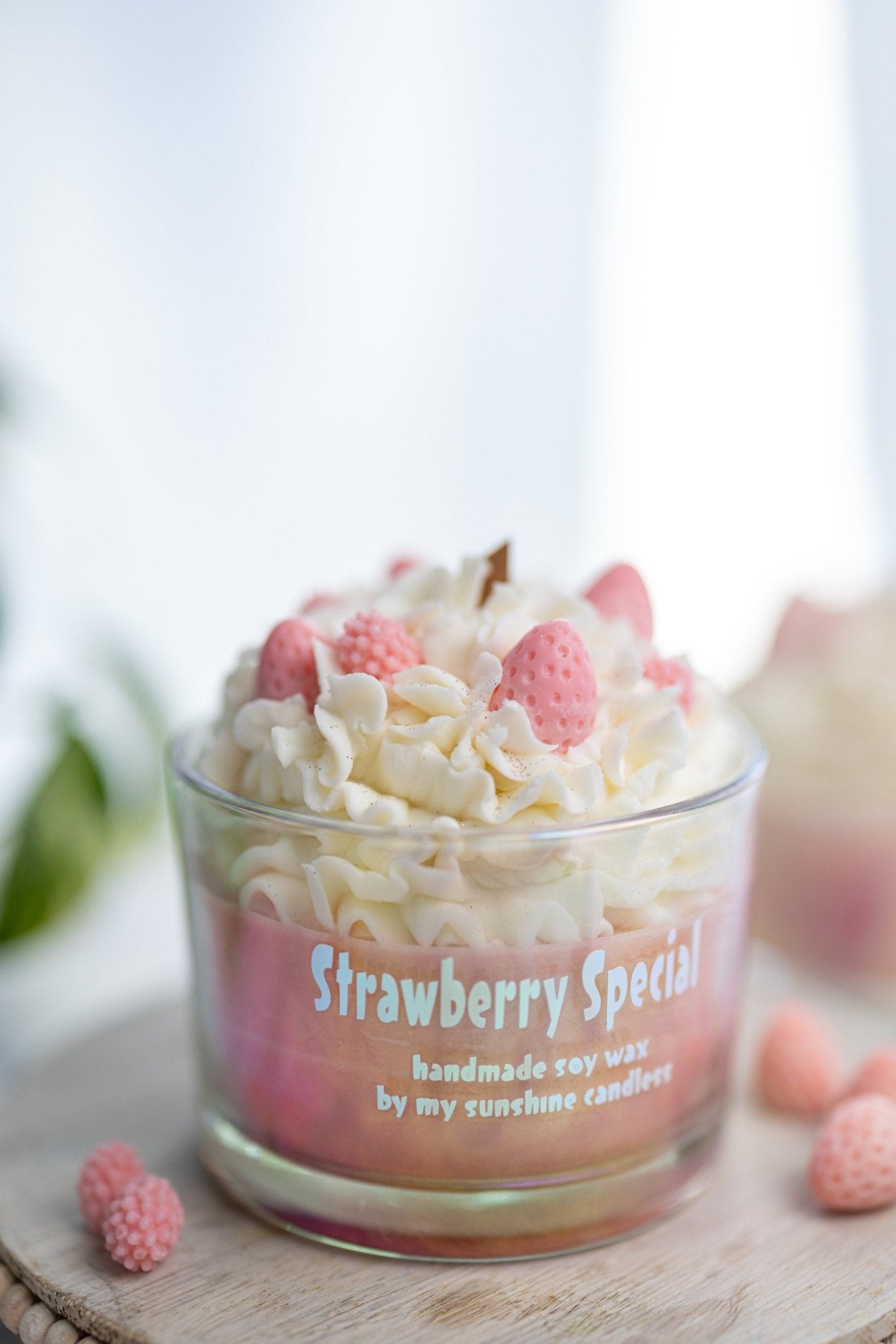 Large Special Strawberry Dessert Candle/Iridescent Clear Jars/ Unique Candle Soy Wax/ Cute Candle