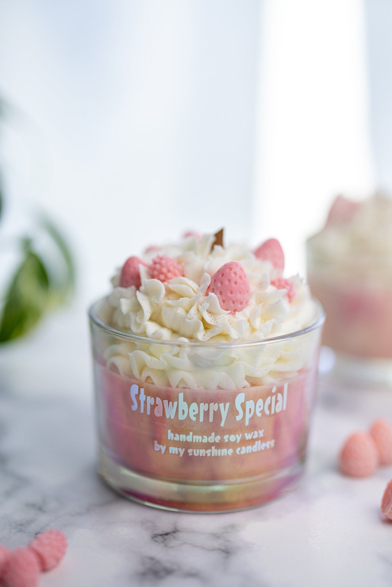 Large Special Strawberry Dessert Candle/Iridescent Clear Jars/ Unique Candle Soy Wax/ Cute Candle