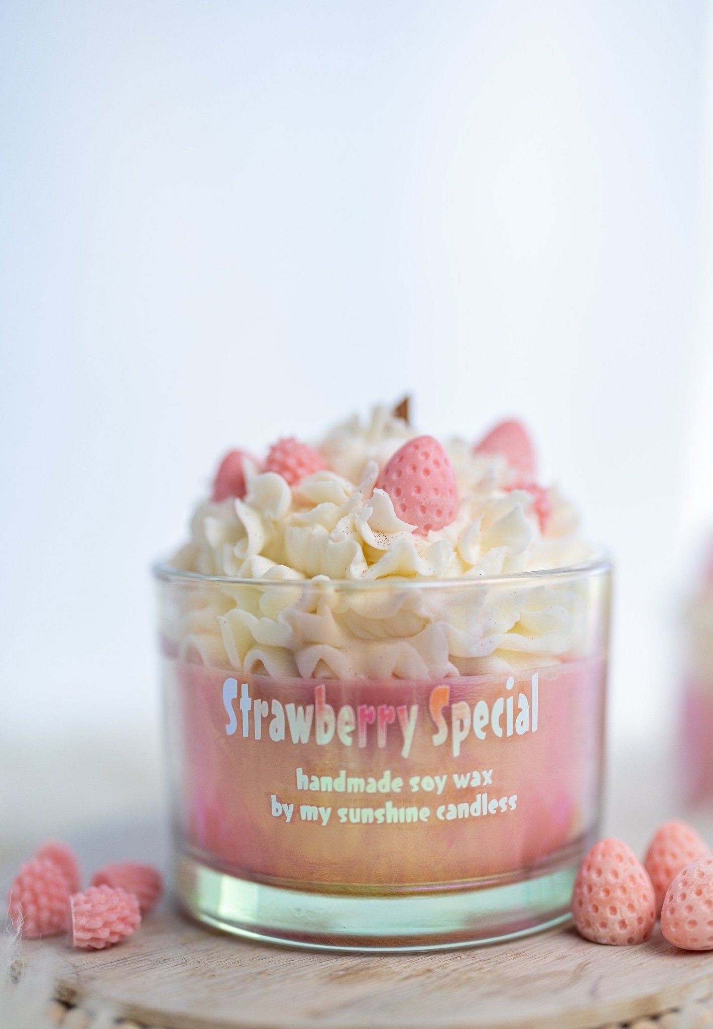 Large Special Strawberry Dessert Candle/Iridescent Clear Jars/ Unique Candle Soy Wax/ Cute Candle