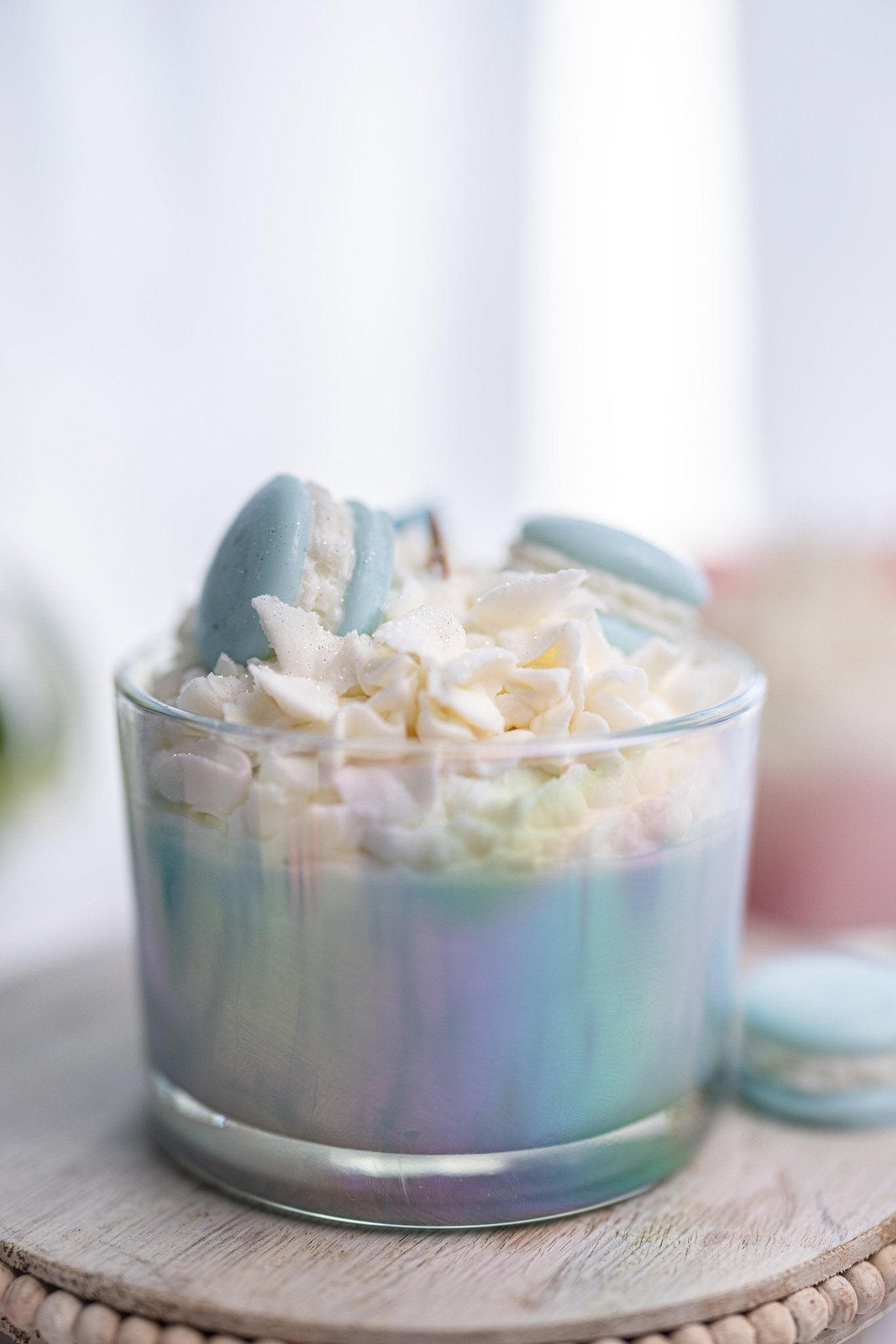 Large Macaroons Candle/Macaron Candle/Dessert Candle /Gift for Her/ Iridescent Clear Jars /Baby Blue Color