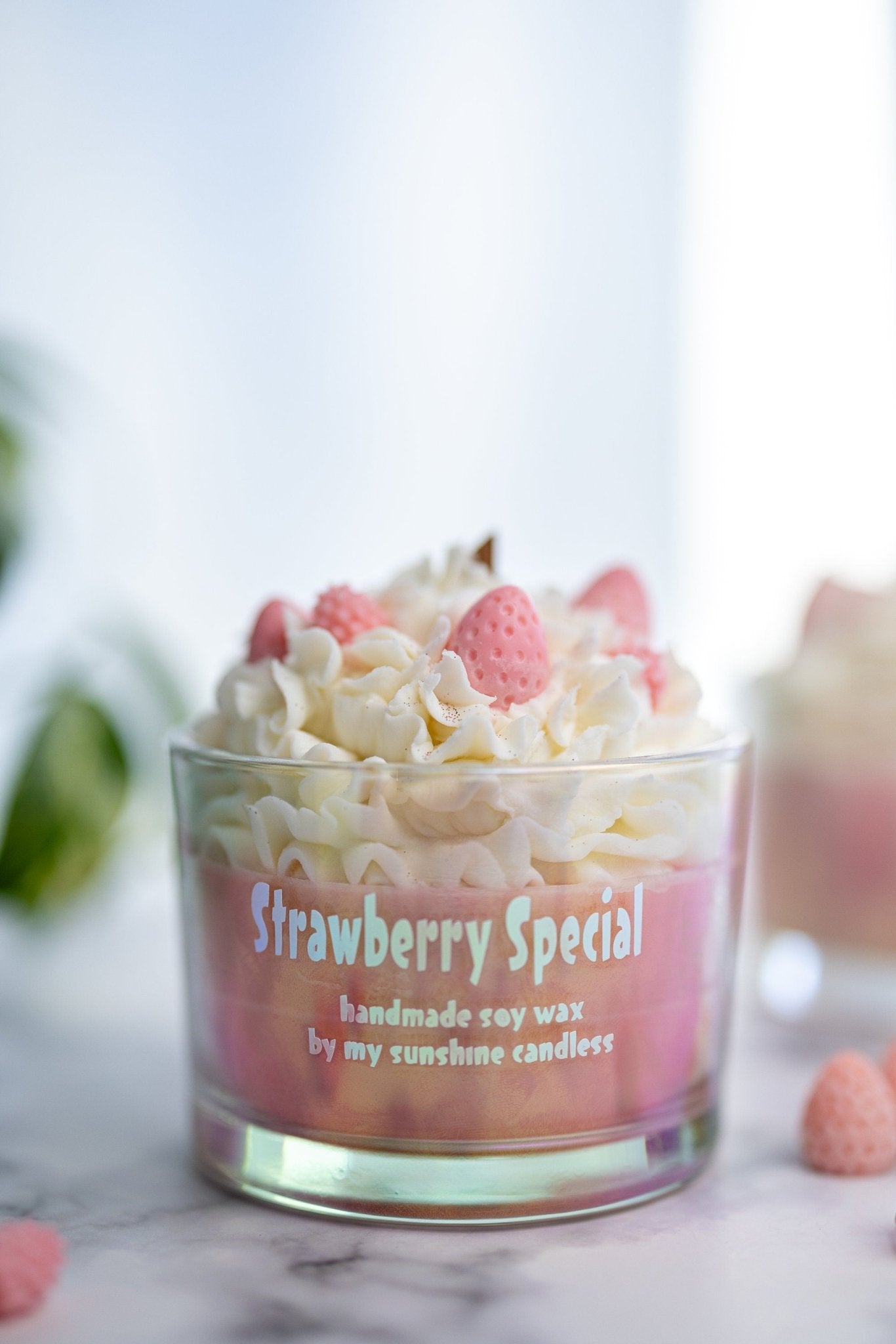 Large Special Strawberry Dessert Candle/Iridescent Clear Jars/ Unique Candle Soy Wax/ Cute Candle
