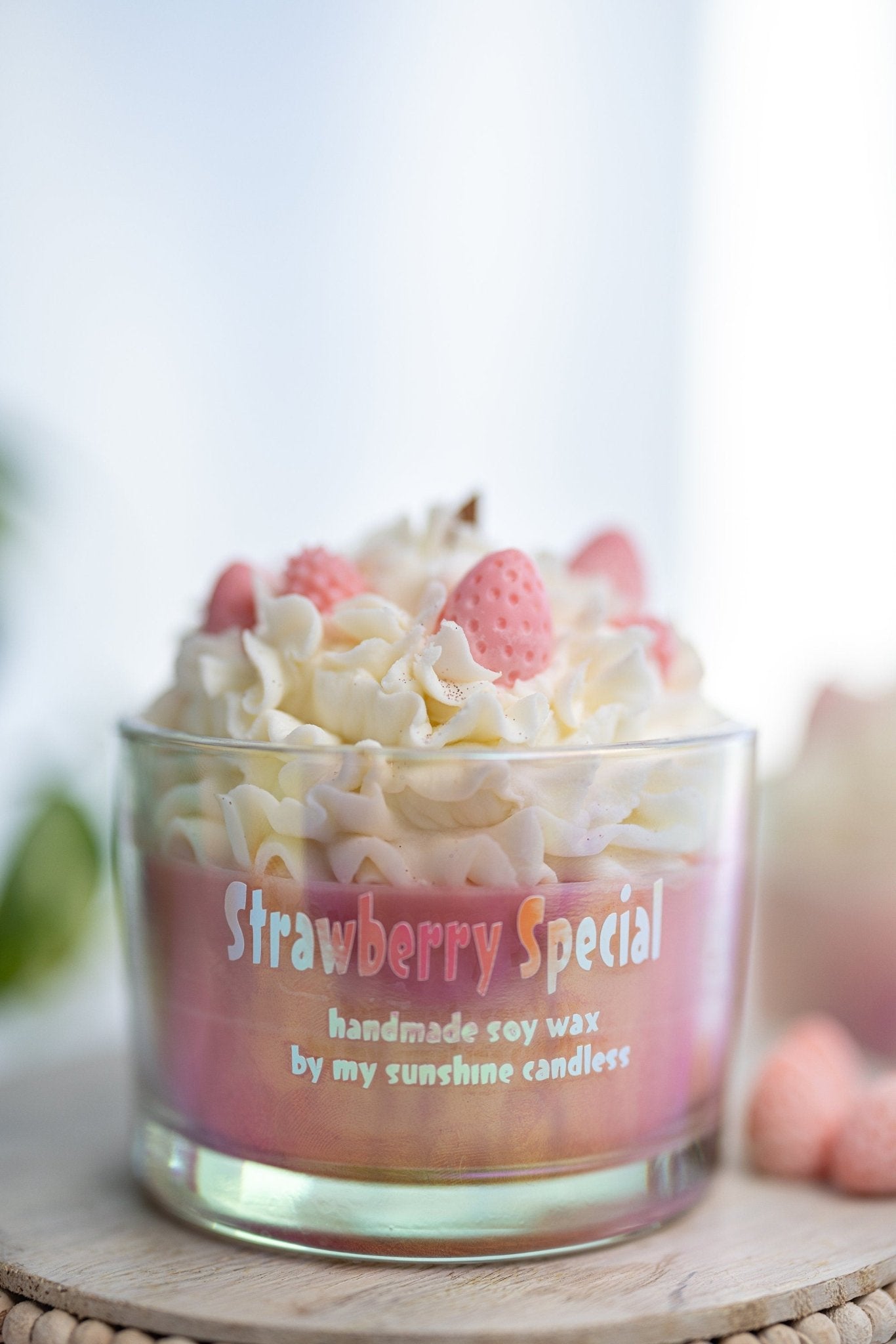 Large Special Strawberry Dessert Candle/Iridescent Clear Jars/ Unique Candle Soy Wax/ Cute Candle