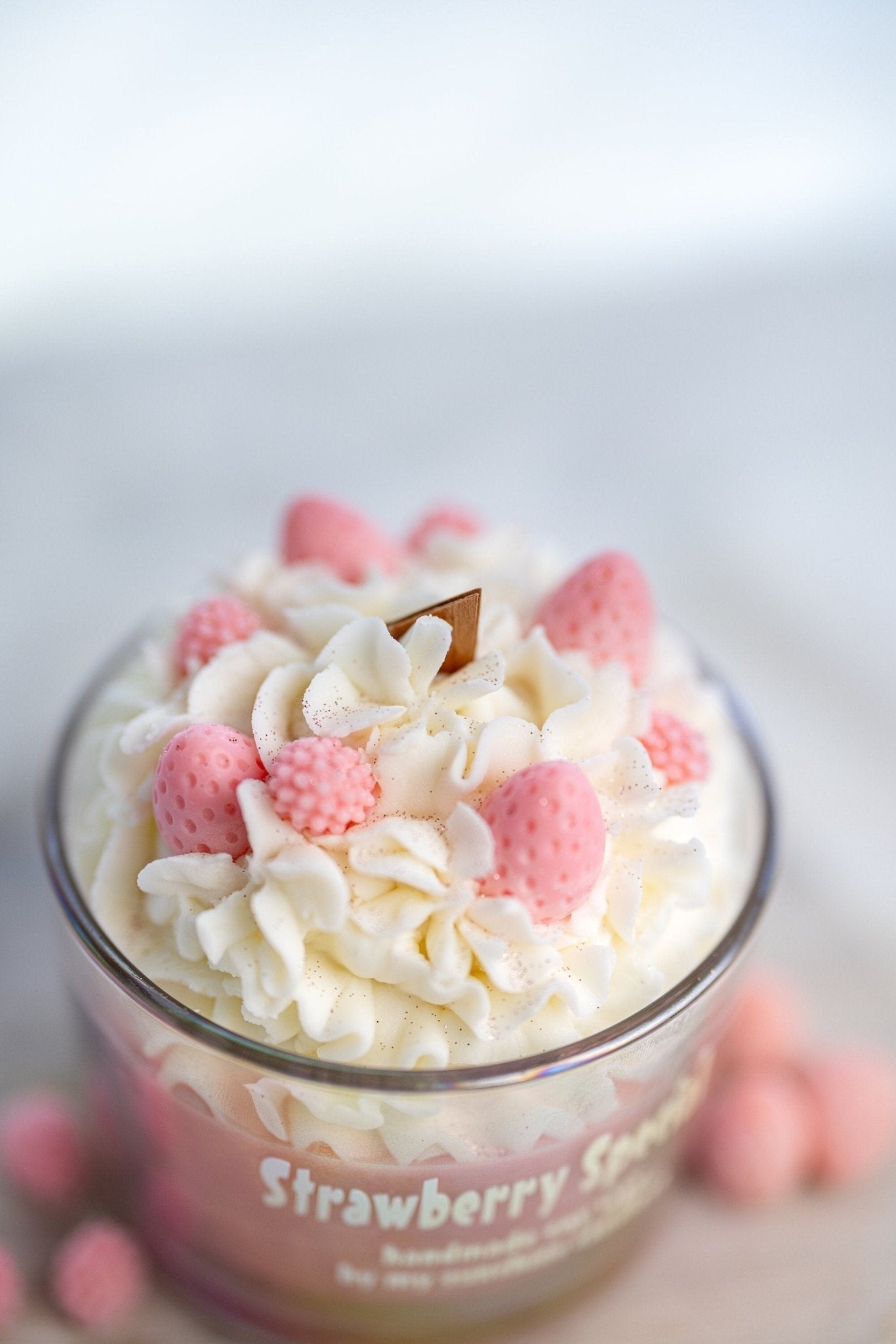 Large Special Strawberry Dessert Candle/Iridescent Clear Jars/ Unique Candle Soy Wax/ Cute Candle