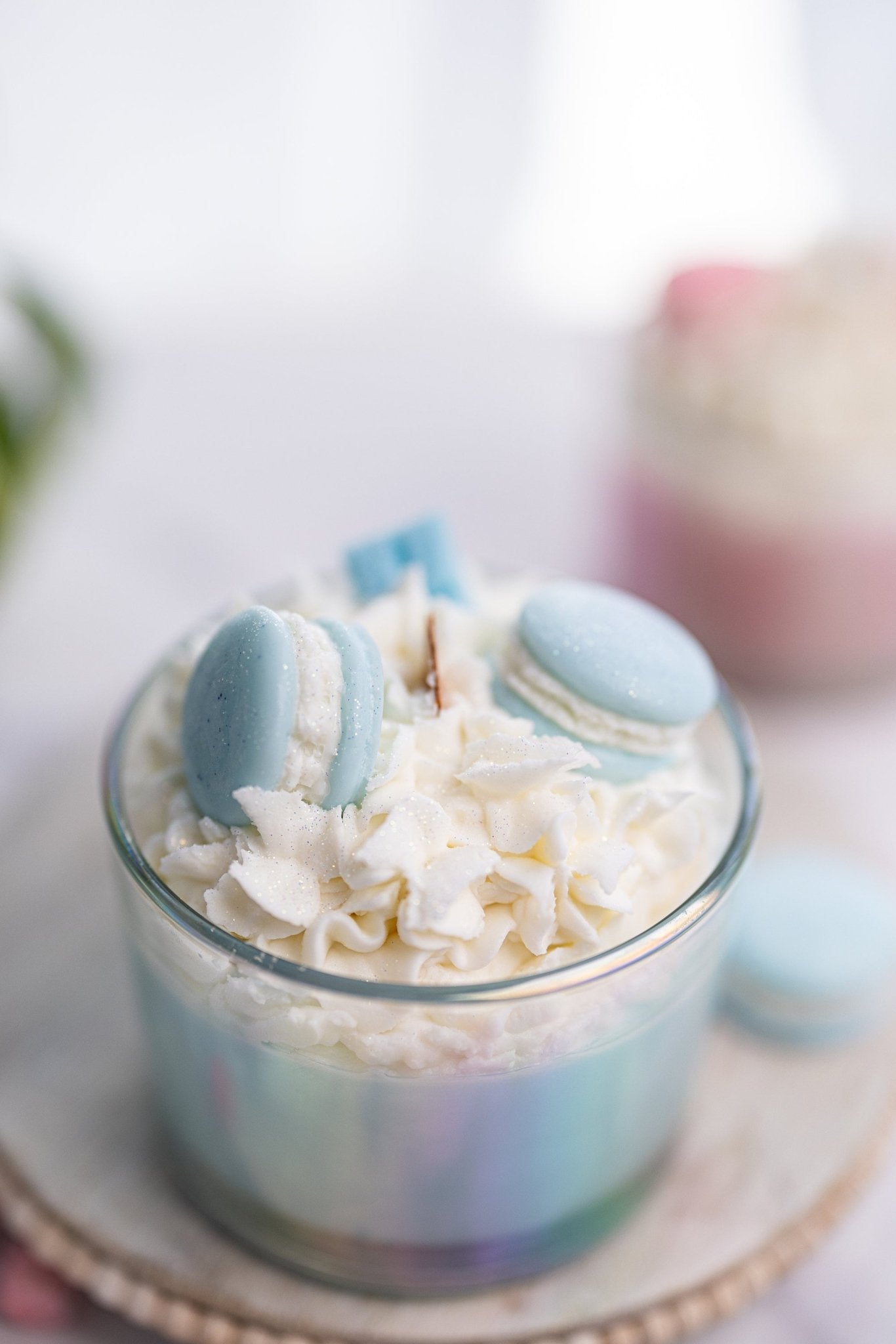 Large Macaroons Candle/Macaron Candle/Dessert Candle /Gift for Her/ Iridescent Clear Jars /Baby Blue Color
