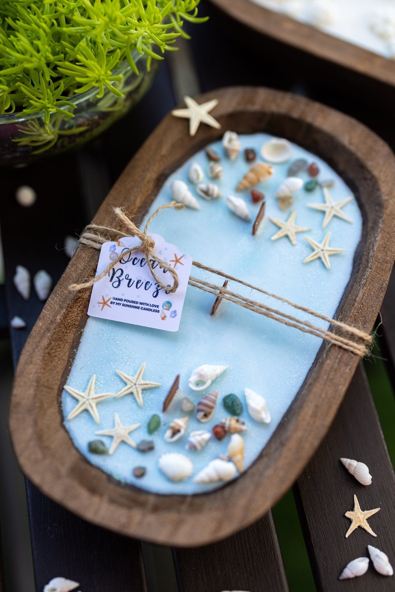 Dough Bowl Candle With Wood Wick and Soy Wax/ With Sea Shells & Starfish /Farmhouse Candle/3 Wood Wick Candle /Summer Scents