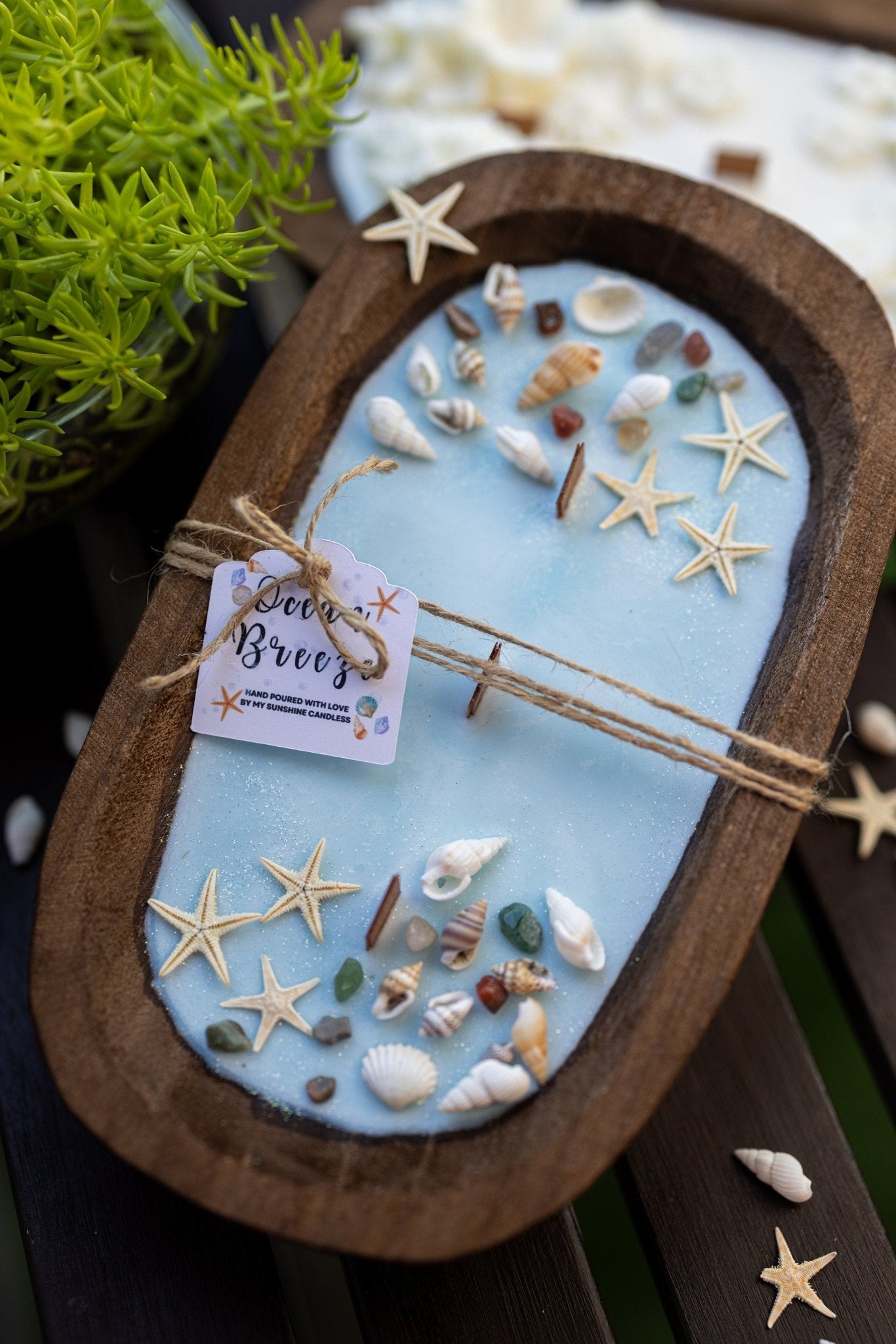 Dough Bowl Candle With Wood Wick and Soy Wax/ With Sea Shells & Starfish /Farmhouse Candle/3 Wood Wick Candle /Summer Scents