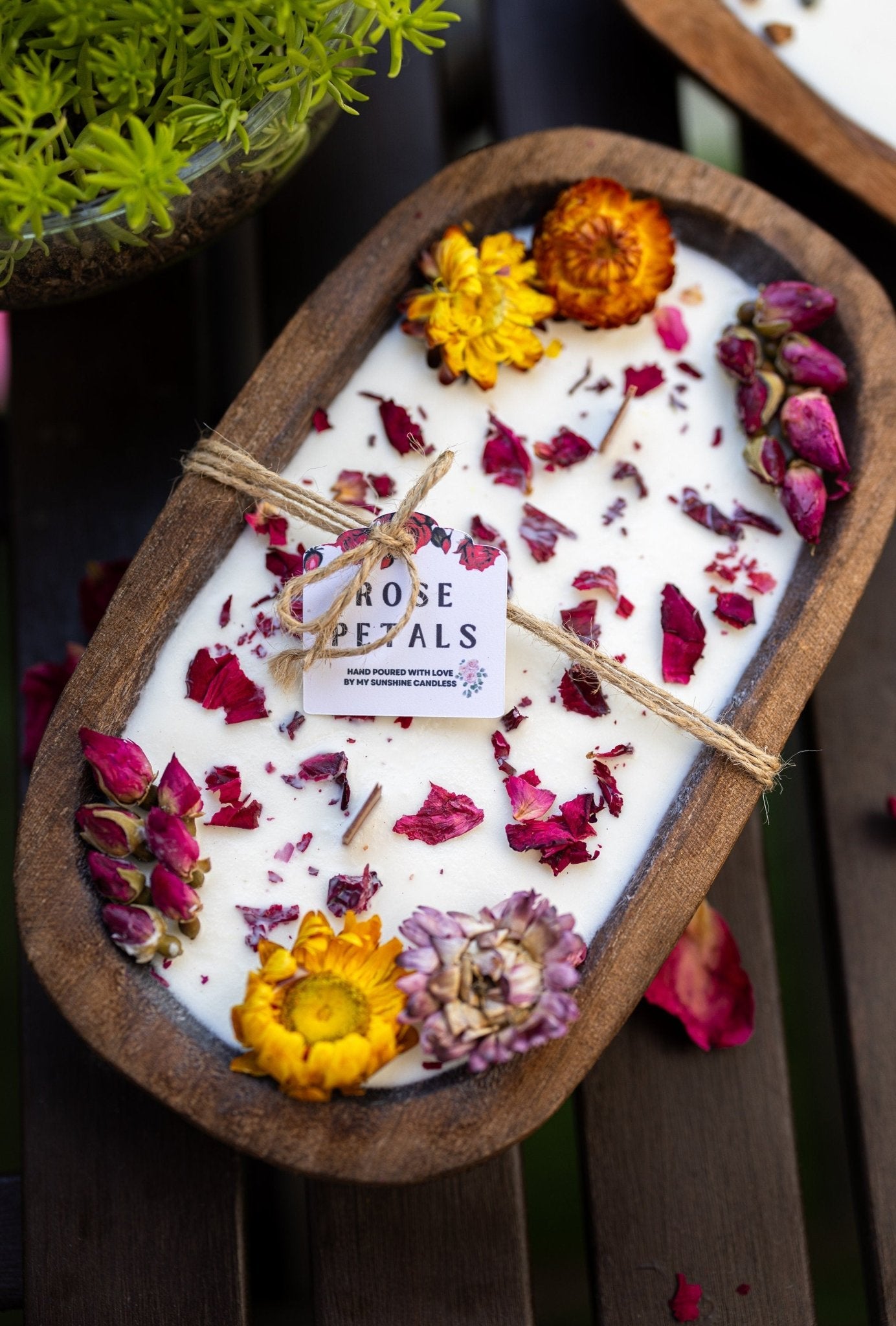 Dough Bowl Candle With Wood Wick and Soy Wax/With  Rose Petal/Rose Garden /Farmhouse Candle/3 Wood Wick Candle /Summer Scents