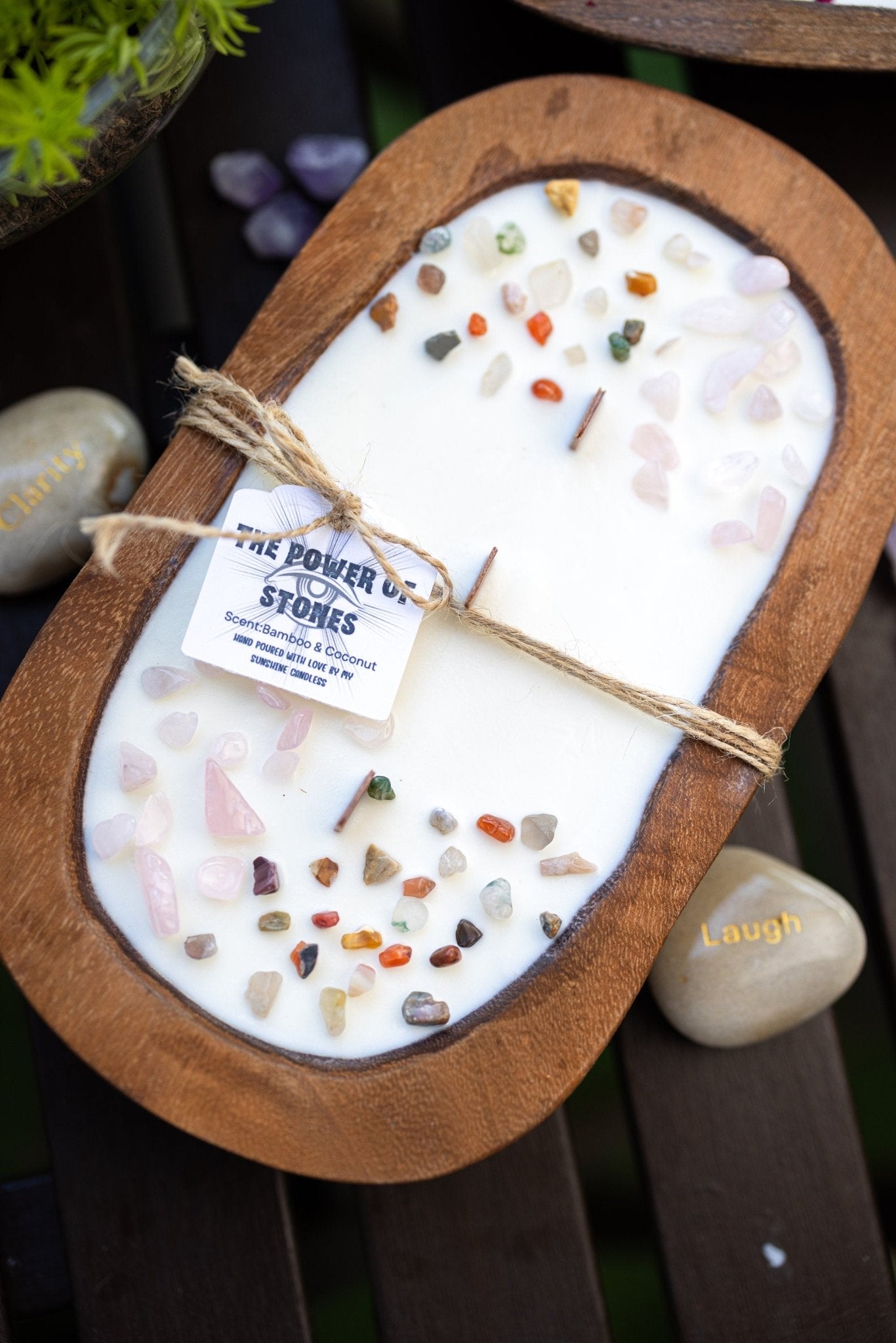 Powerful Stones Dough Bowl Wooden Soy Candle/Farmhouse Candle/Energy Healing Crystal Candle/Soy Intention Candle