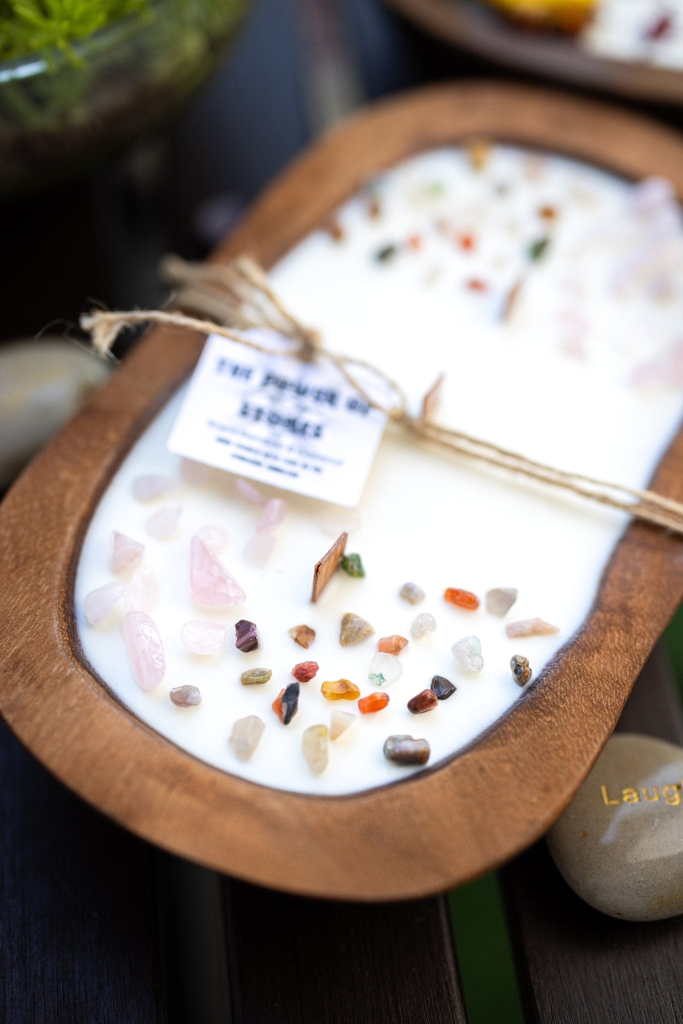 Powerful Stones Dough Bowl Wooden Soy Candle/Farmhouse Candle/Energy Healing Crystal Candle/Soy Intention Candle