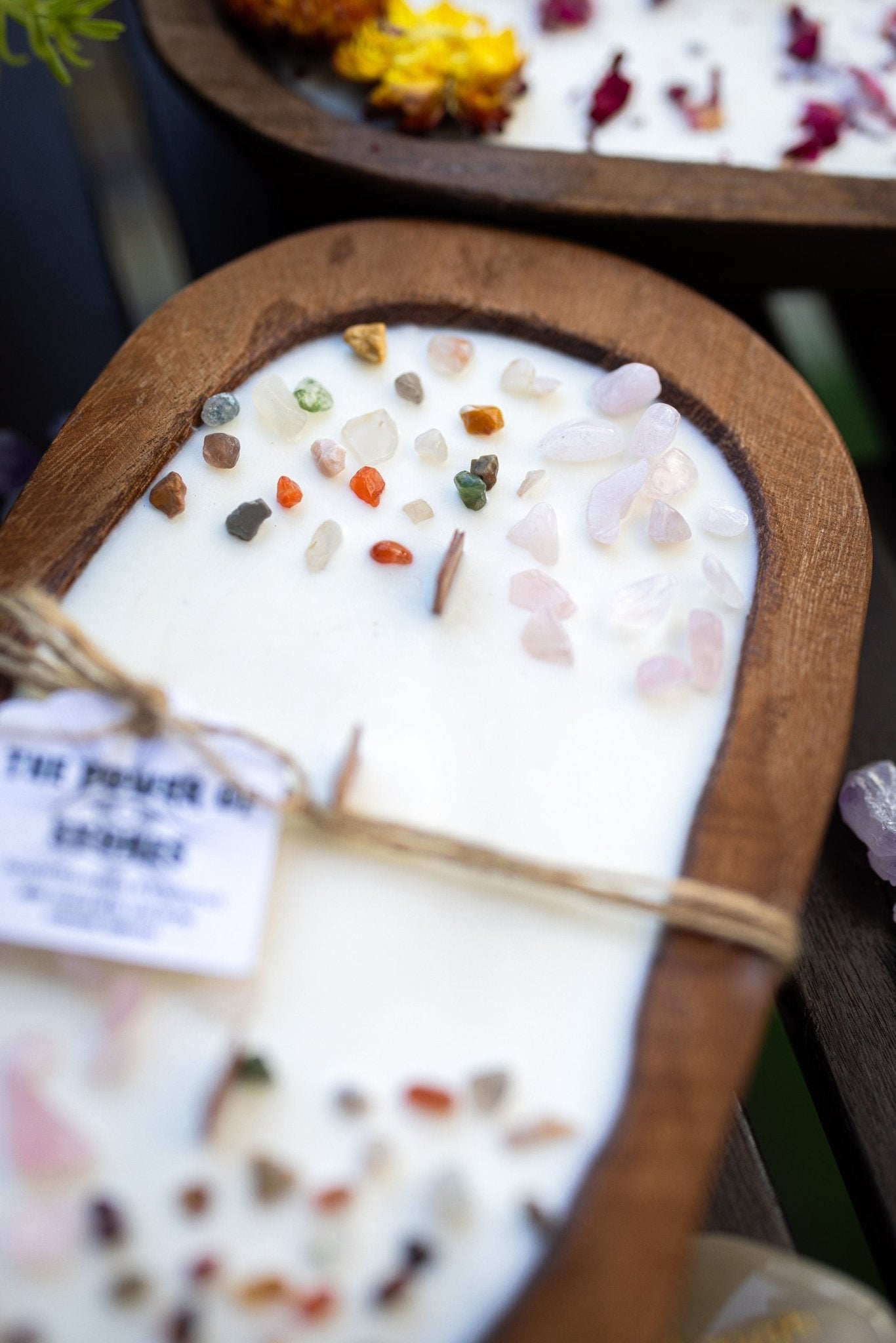 Powerful Stones Dough Bowl Wooden Soy Candle/Farmhouse Candle/Energy Healing Crystal Candle/Soy Intention Candle