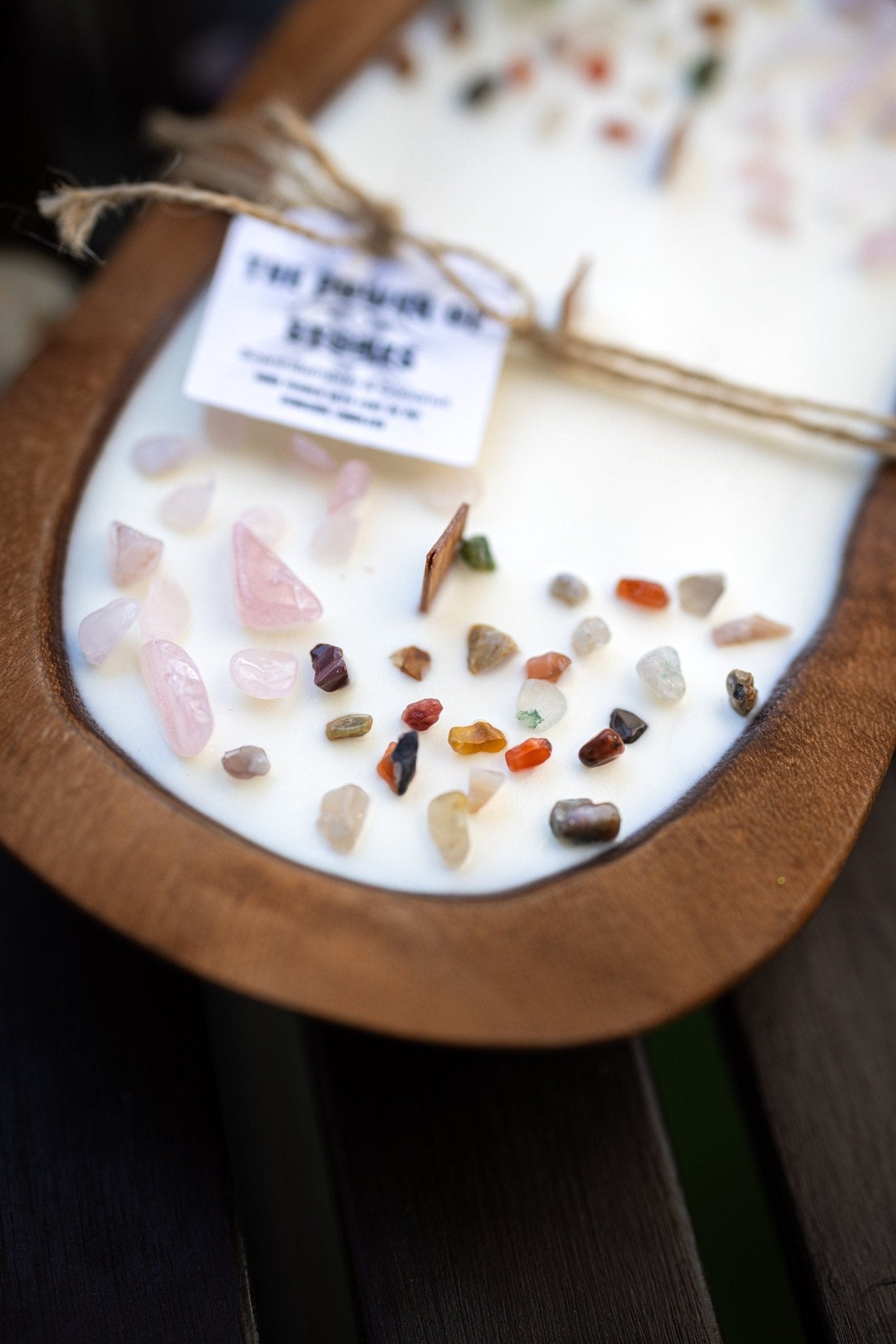 Powerful Stones Dough Bowl Wooden Soy Candle/Farmhouse Candle/Energy Healing Crystal Candle/Soy Intention Candle