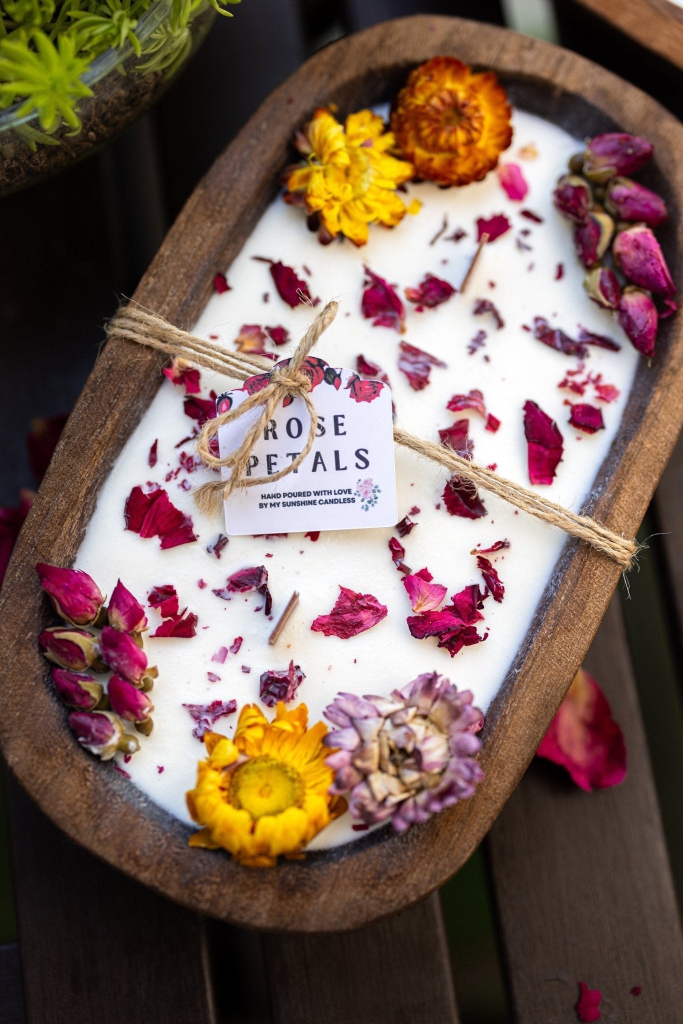 Dough Bowl Candle With Wood Wick and Soy Wax/With  Rose Petal/Rose Garden /Farmhouse Candle/3 Wood Wick Candle /Summer Scents