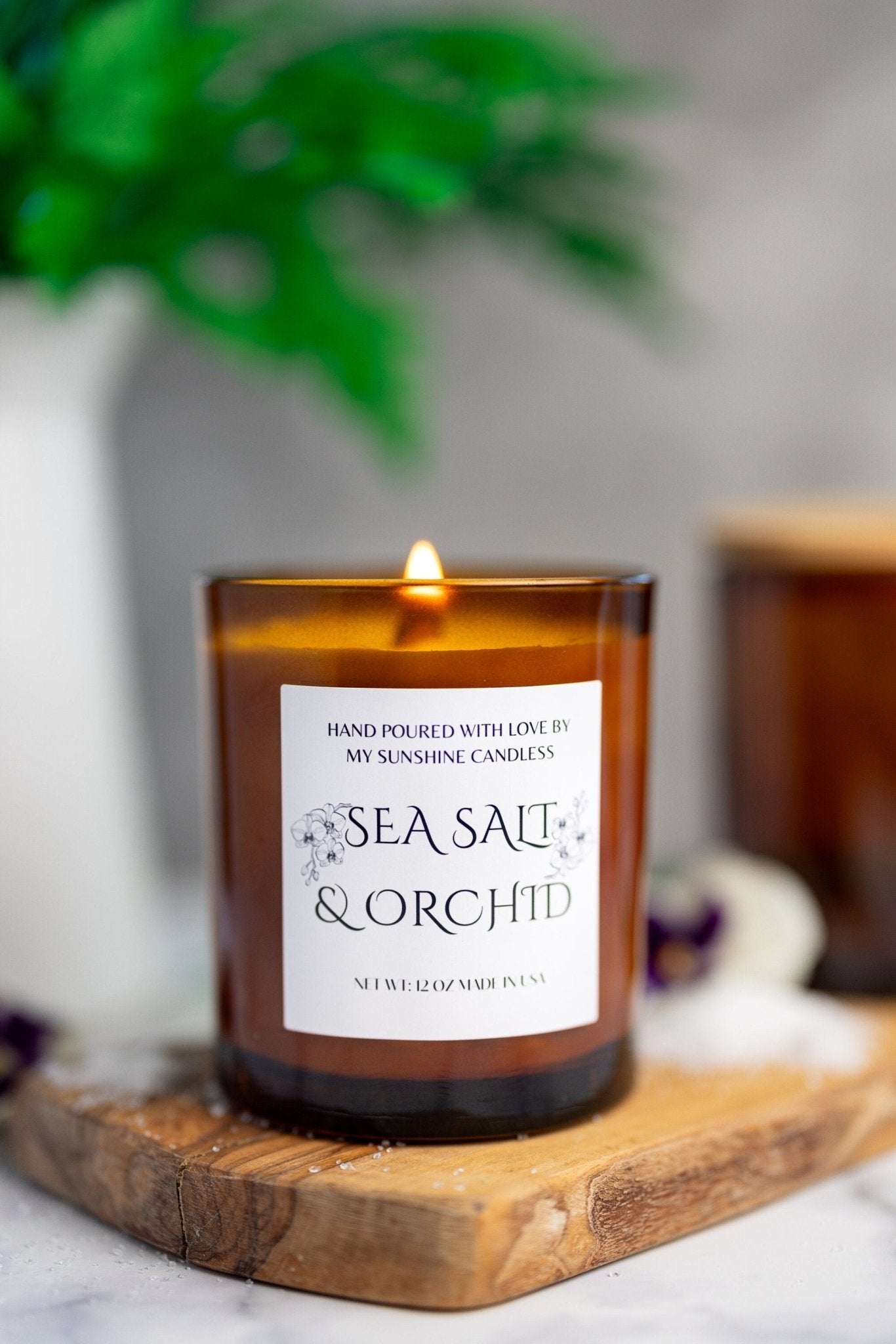 Sea Salt & Orchid Beautiful Amber Jar Candle Wooden Wick/With All Natural 100% Soy Wax /Cozy Amber Jar 12oz , 10oz , 7oz