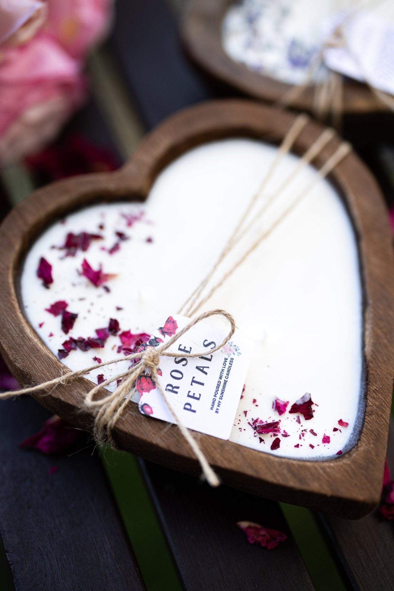 Large Heart Wood Dough Bowl Candle/Petal Rose Candle/ Soy Wax Candle/Love Engagement Wedding Bridal Mother's Day