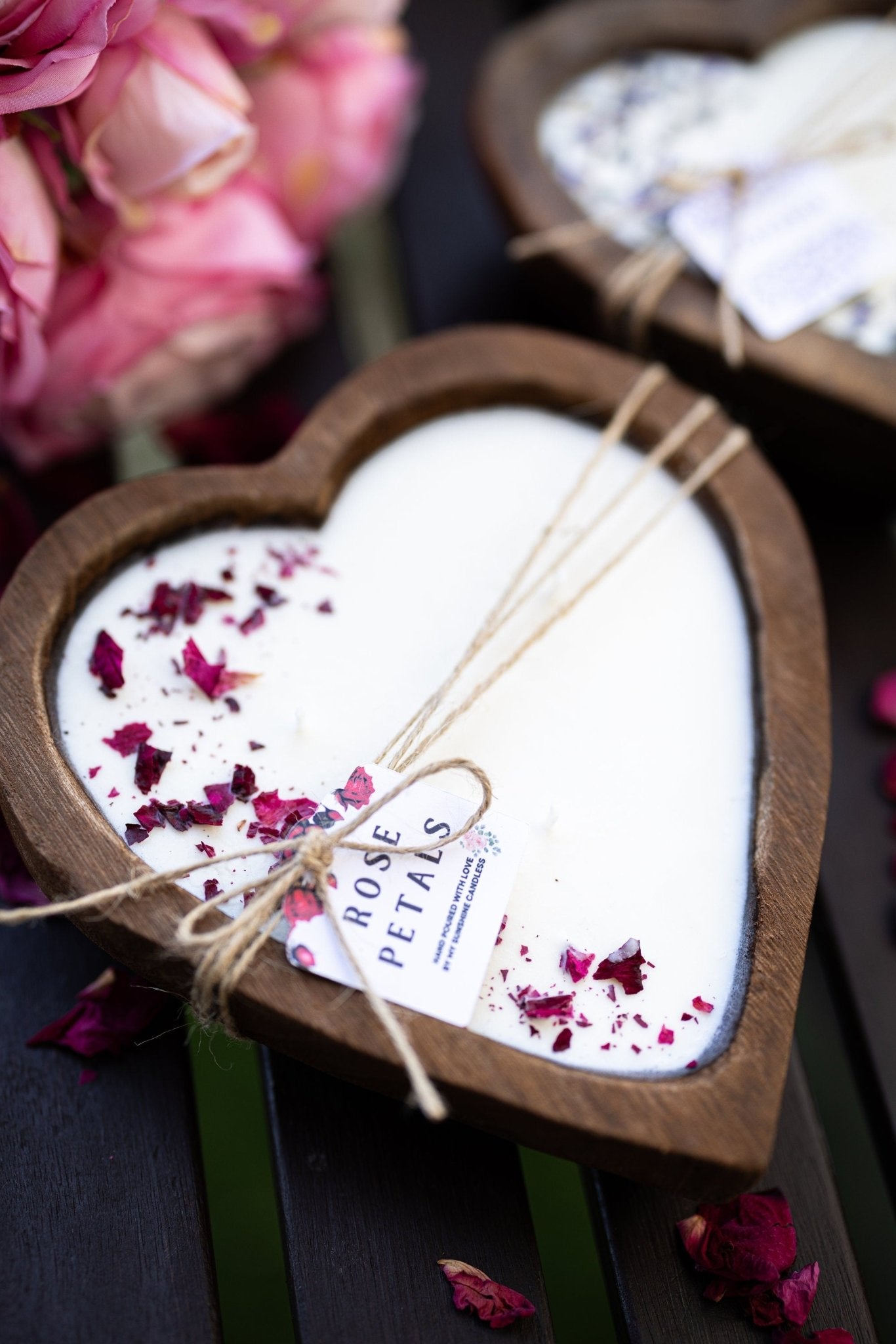 Large Heart Wood Dough Bowl Candle/Petal Rose Candle/ Soy Wax Candle/Love Engagement Wedding Bridal Mother's Day