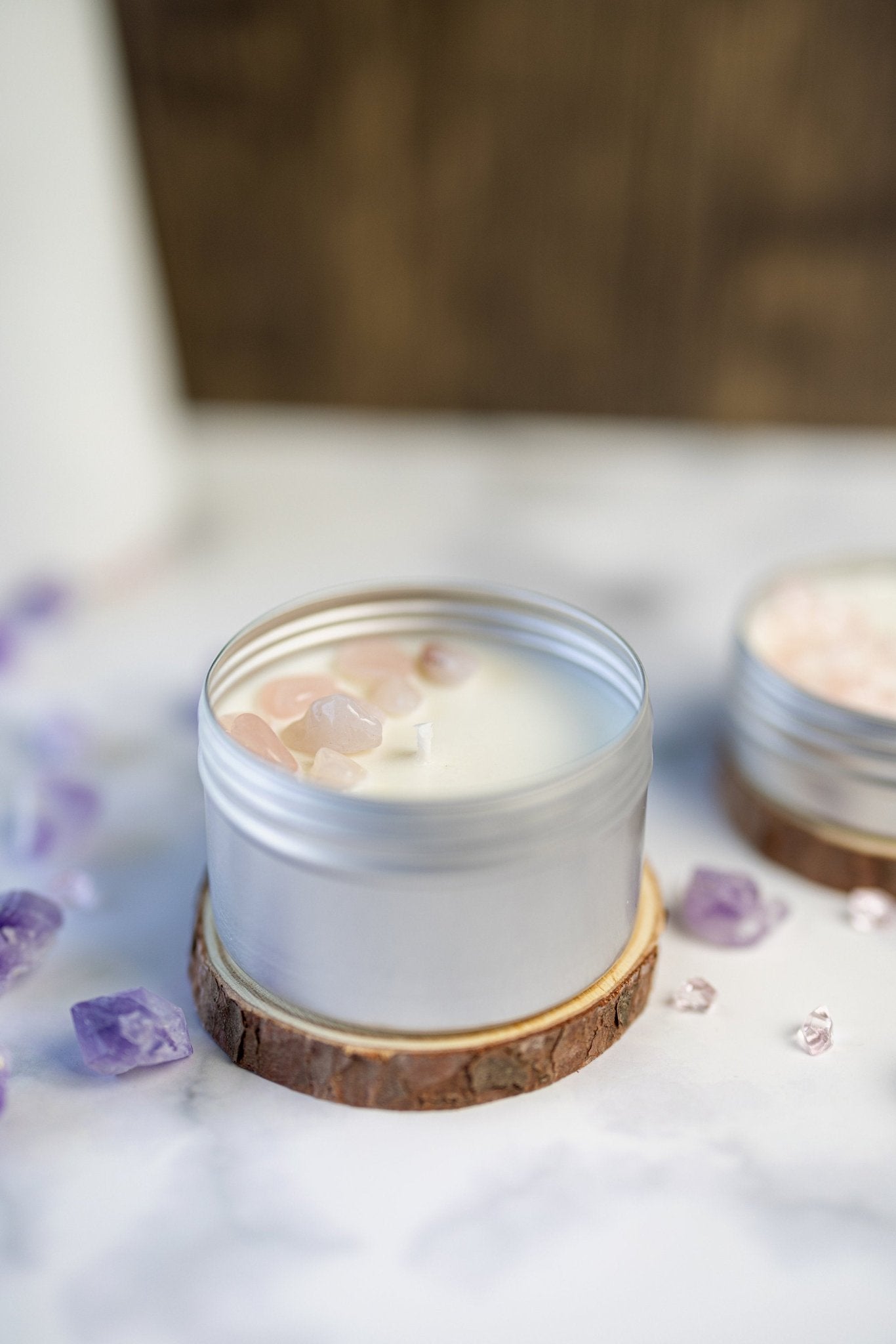 Sea Salt & Orchid Candle with Stones and Crystals , Tins Hand-poured Soy wax Candles
