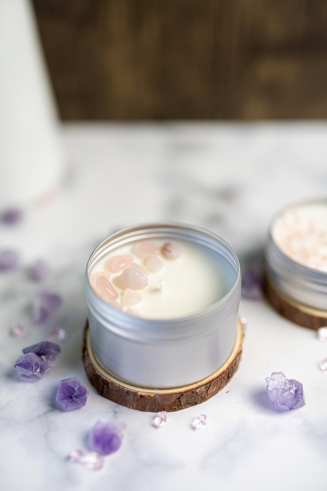 Sea Salt & Orchid Candle with Stones and Crystals , Tins Hand-poured Soy wax Candles