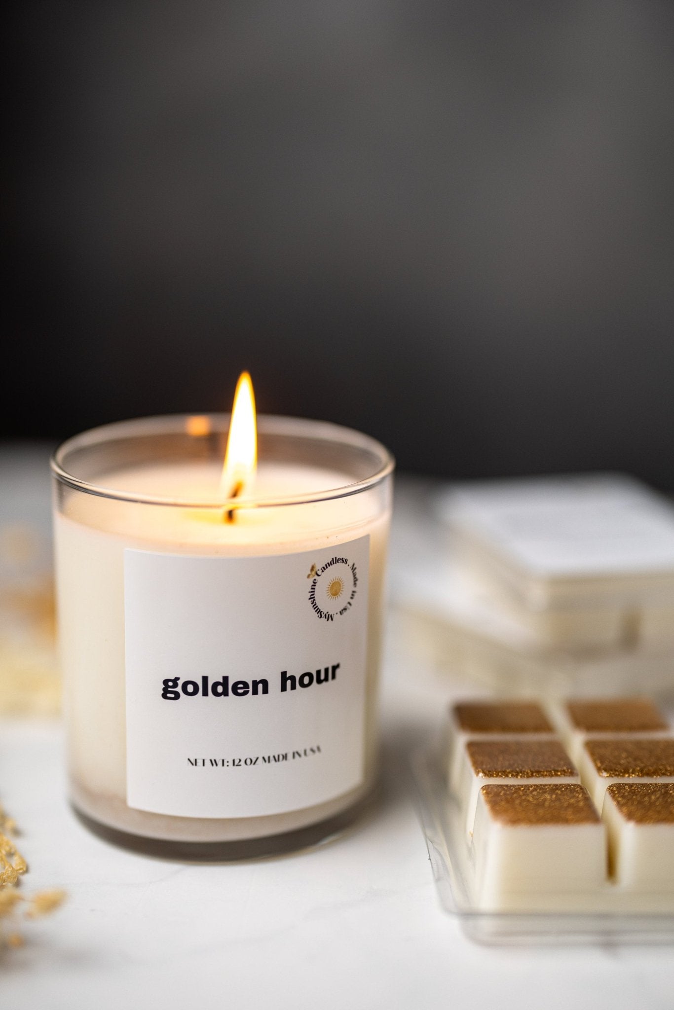 Golden Hour Scented Wax Candle/9 oz Candle/Clear Glass Jar + Wax MELTS