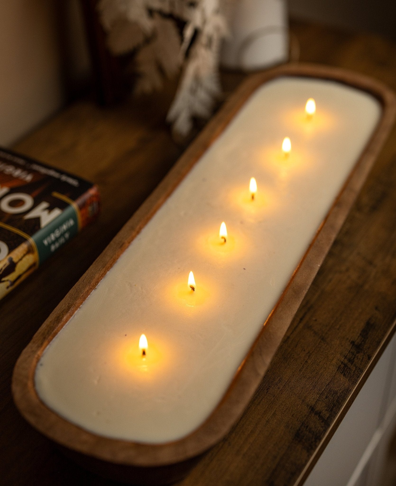 Large Hand Carved Baguette Bowl Candle/Natural Soy/ Reusable/Wooden Farmhouse Decor/Perfect gifting/ Christmas Holidays