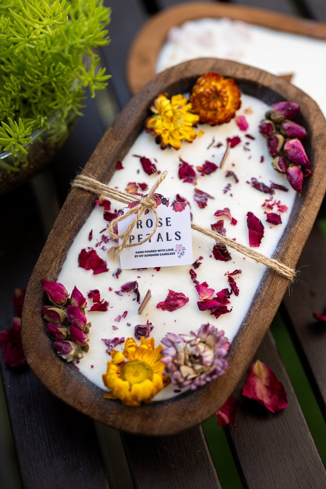 Dough Bowl Candle With Wood Wick and Soy Wax/With  Rose Petal/Rose Garden /Farmhouse Candle/3 Wood Wick Candle /Summer Scents