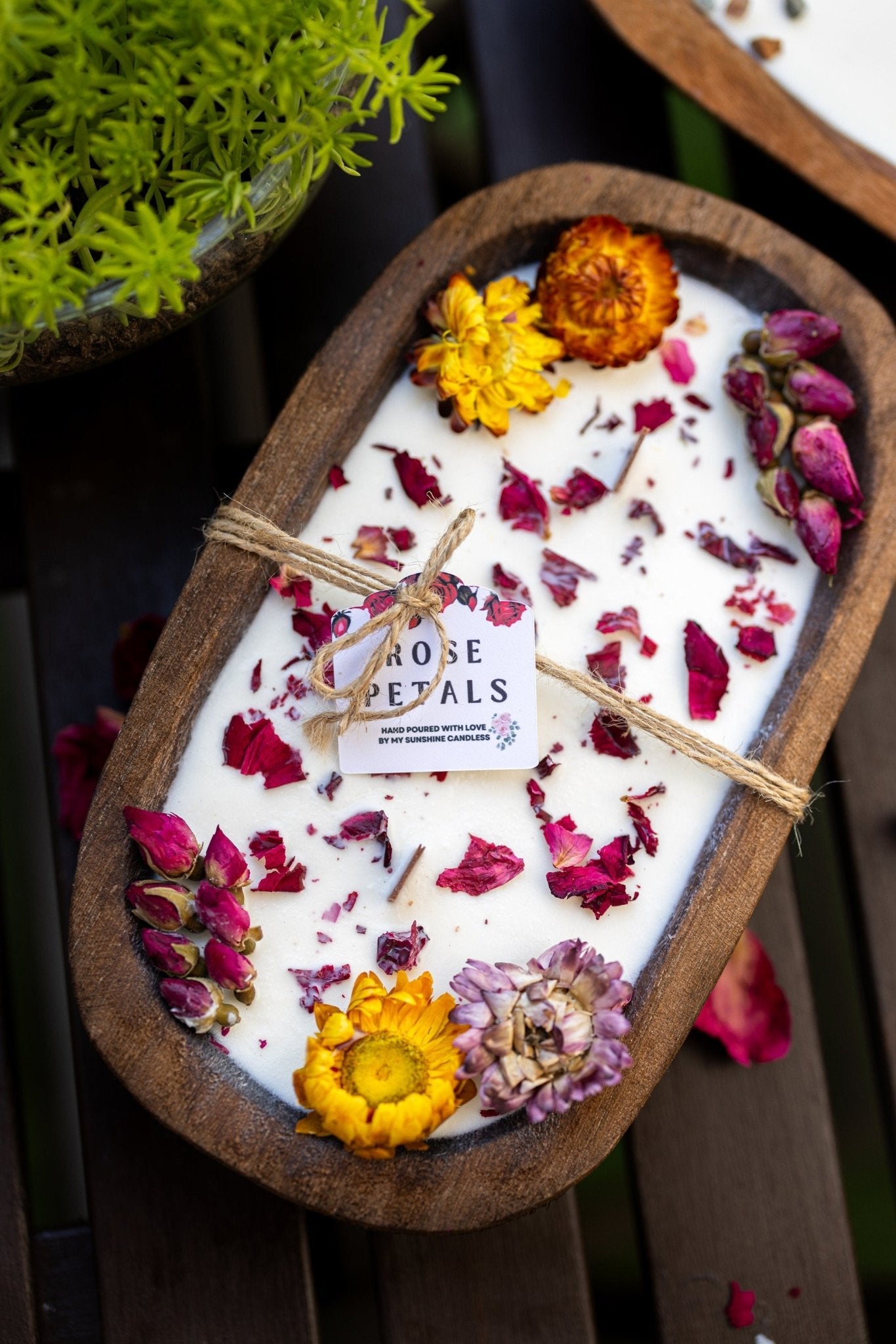 Dough Bowl Candle With Wood Wick and Soy Wax/With  Rose Petal/Rose Garden /Farmhouse Candle/3 Wood Wick Candle /Summer Scents