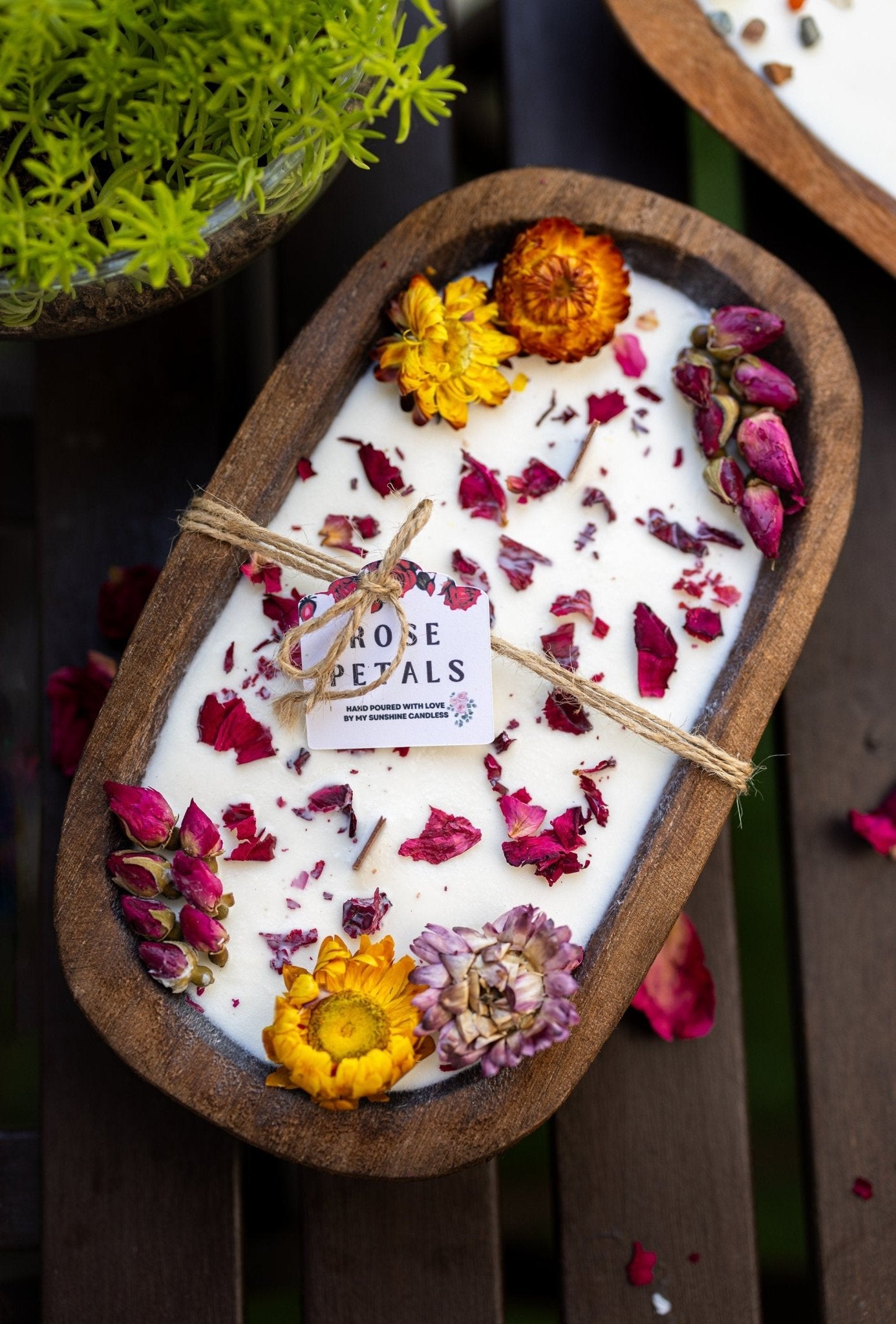 Dough Bowl Candle With Wood Wick and Soy Wax/With  Rose Petal/Rose Garden /Farmhouse Candle/3 Wood Wick Candle /Summer Scents