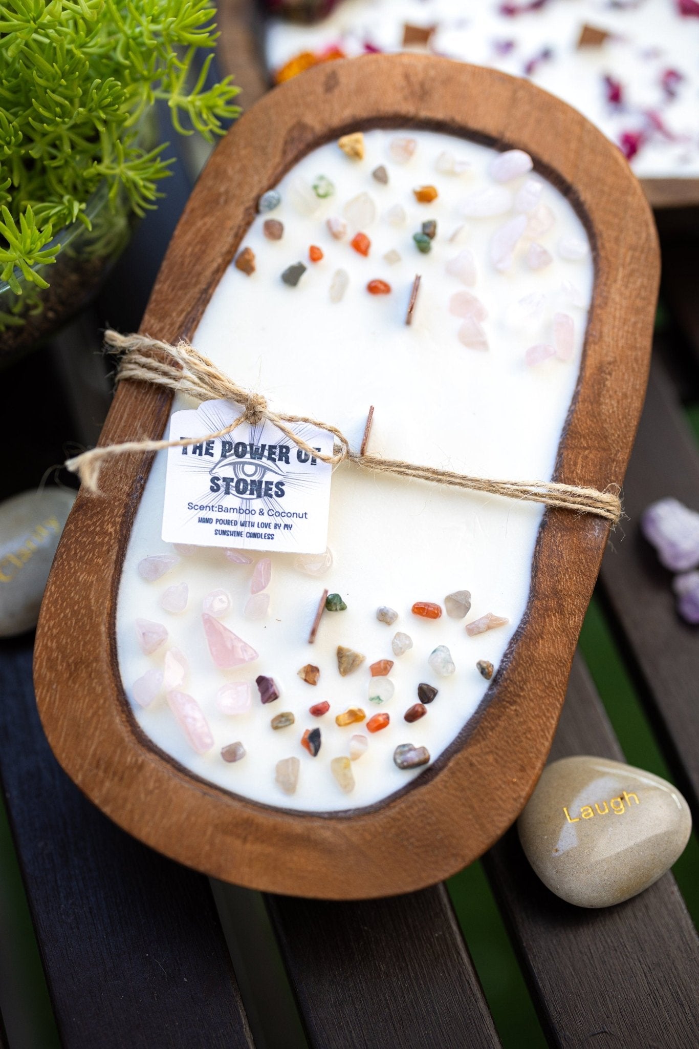 Powerful Stones Dough Bowl Wooden Soy Candle/Farmhouse Candle/Energy Healing Crystal Candle/Soy Intention Candle