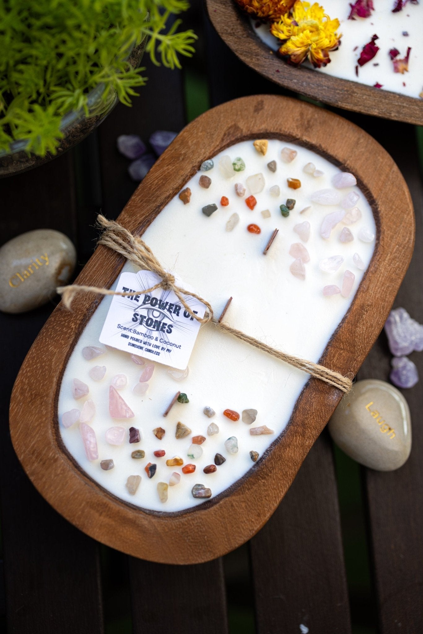 Powerful Stones Dough Bowl Wooden Soy Candle/Farmhouse Candle/Energy Healing Crystal Candle/Soy Intention Candle