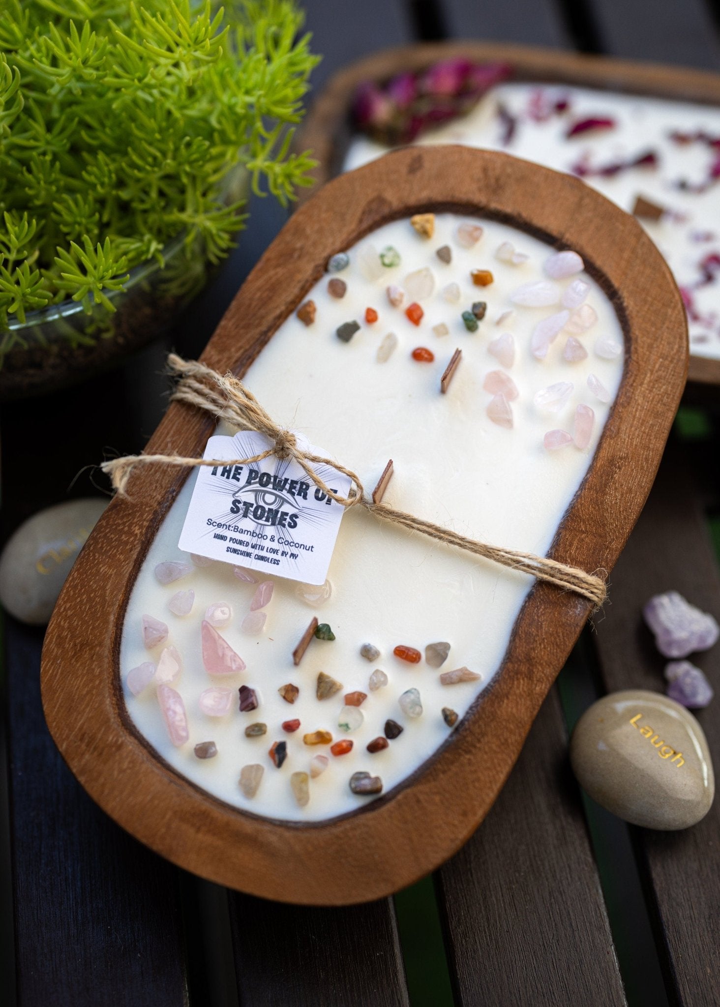 Powerful Stones Dough Bowl Wooden Soy Candle/Farmhouse Candle/Energy Healing Crystal Candle/Soy Intention Candle