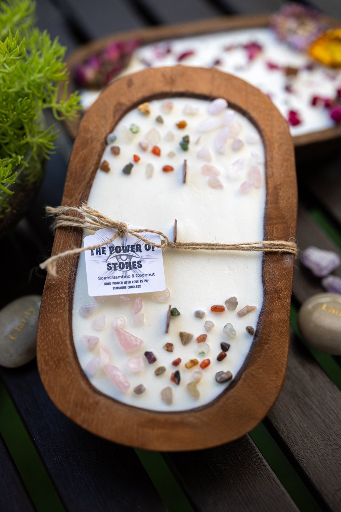 Powerful Stones Dough Bowl Wooden Soy Candle/Farmhouse Candle/Energy Healing Crystal Candle/Soy Intention Candle