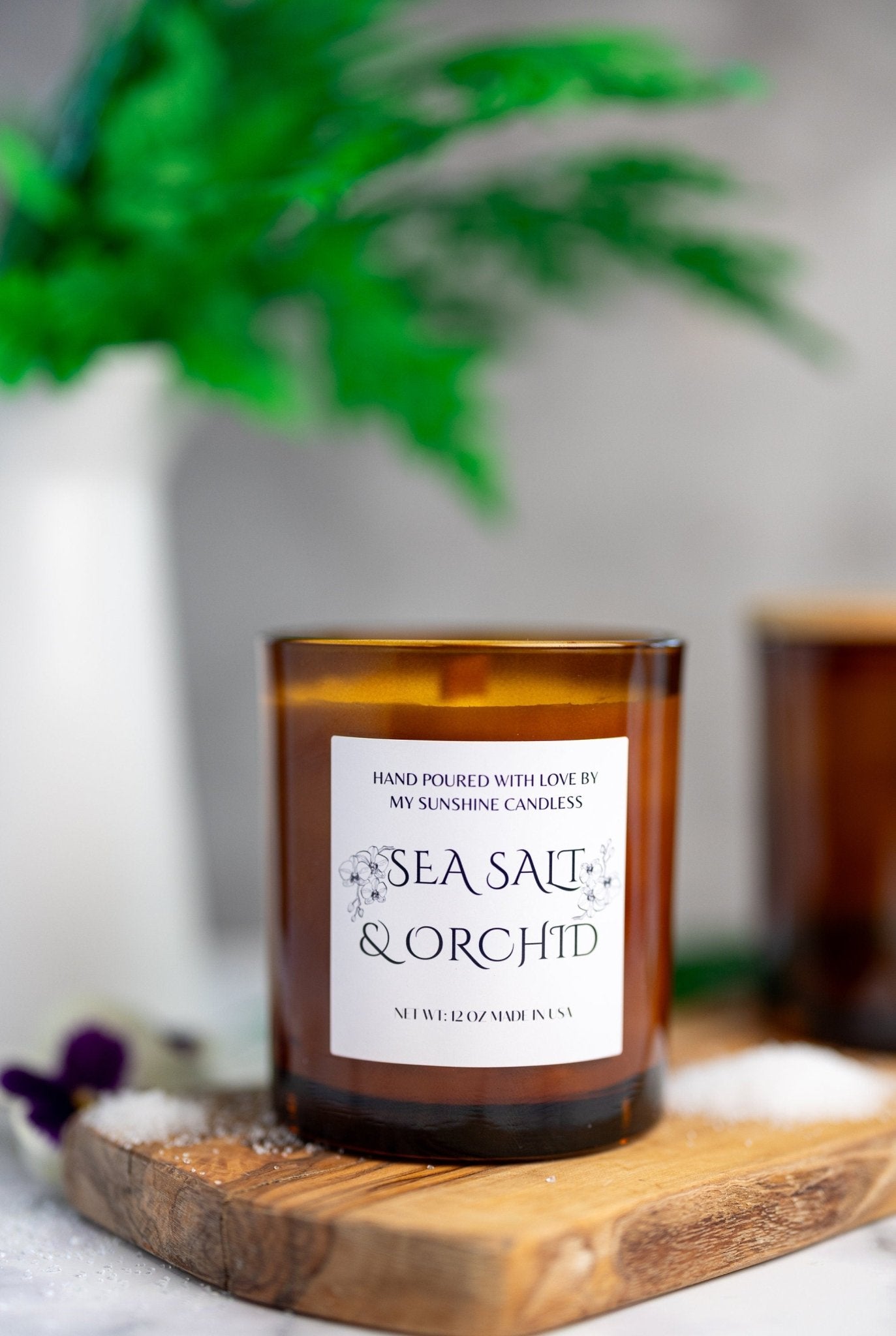 Sea Salt & Orchid Beautiful Amber Jar Candle Wooden Wick/With All Natural 100% Soy Wax /Cozy Amber Jar 12oz , 10oz , 7oz