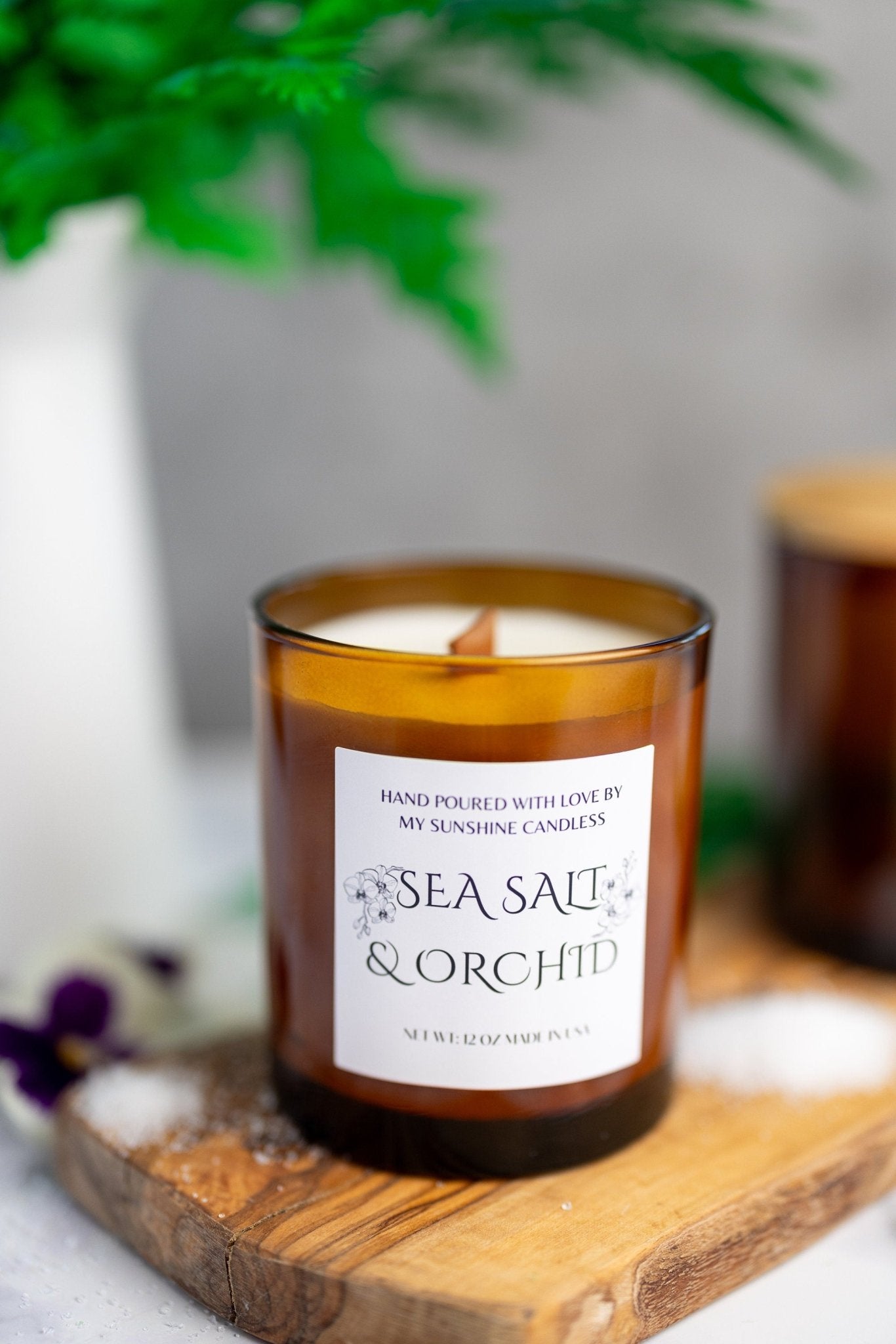 Sea Salt & Orchid Beautiful Amber Jar Candle Wooden Wick/With All Natural 100% Soy Wax /Cozy Amber Jar 12oz , 10oz , 7oz