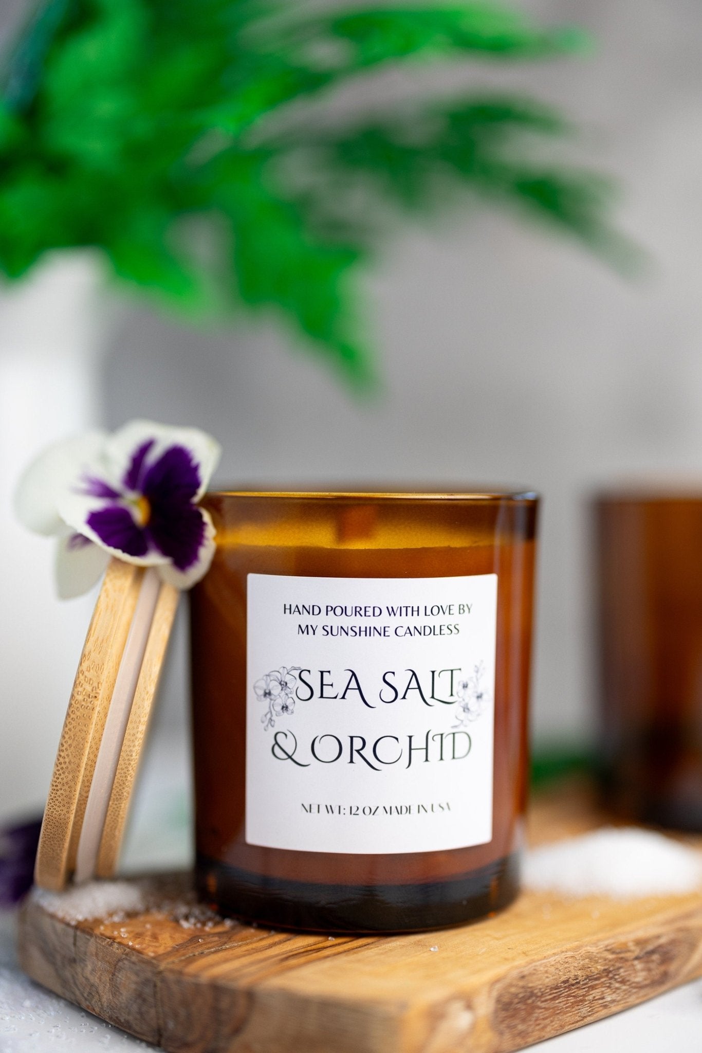 Sea Salt & Orchid Beautiful Amber Jar Candle Wooden Wick/With All Natural 100% Soy Wax /Cozy Amber Jar 12oz , 10oz , 7oz