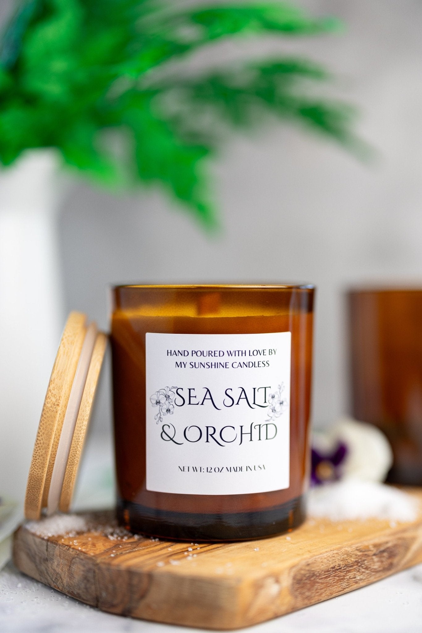 Sea Salt & Orchid Beautiful Amber Jar Candle Wooden Wick/With All Natural 100% Soy Wax /Cozy Amber Jar 12oz , 10oz , 7oz
