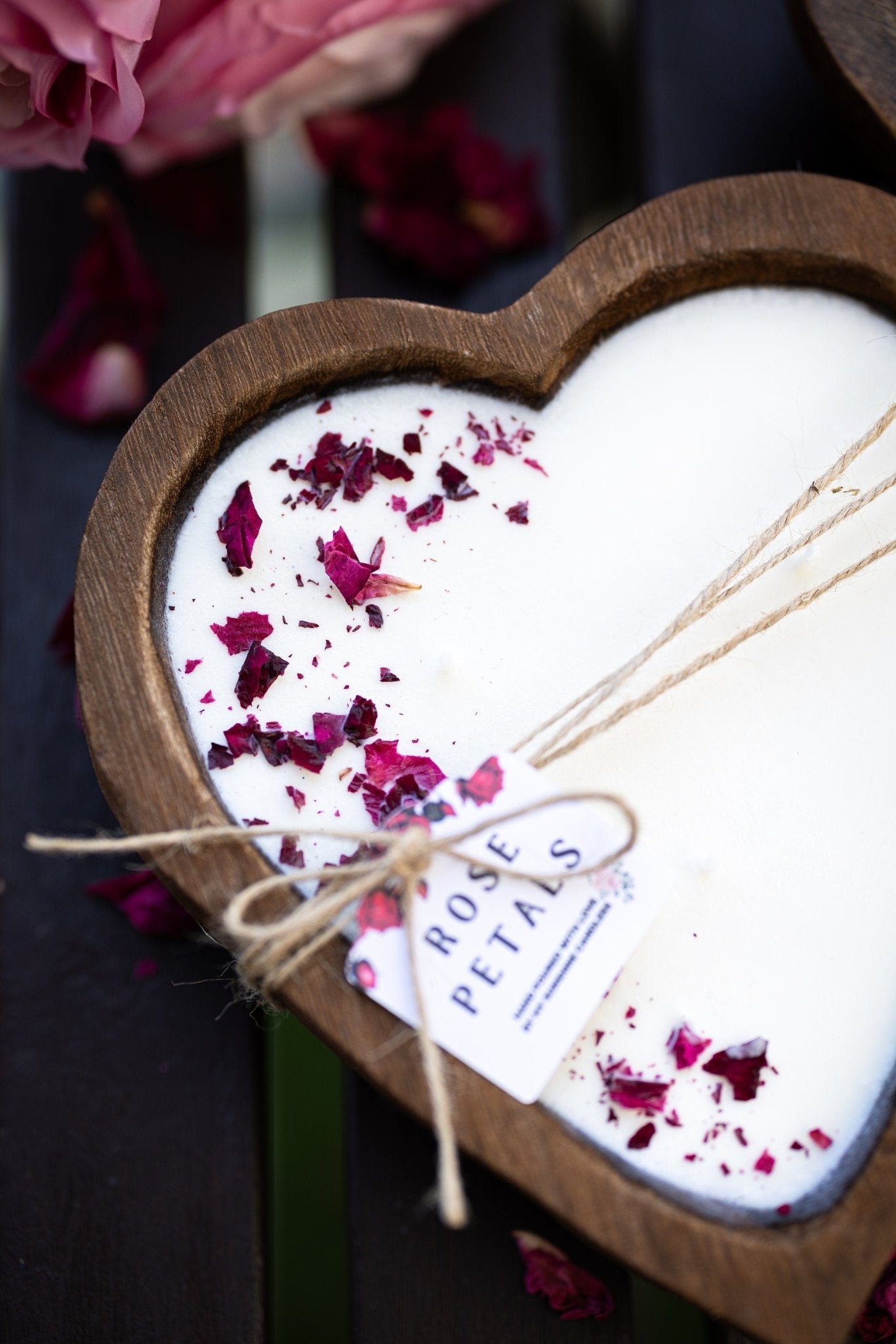 Large Heart Wood Dough Bowl Candle/Petal Rose Candle/ Soy Wax Candle/Love Engagement Wedding Bridal Mother's Day