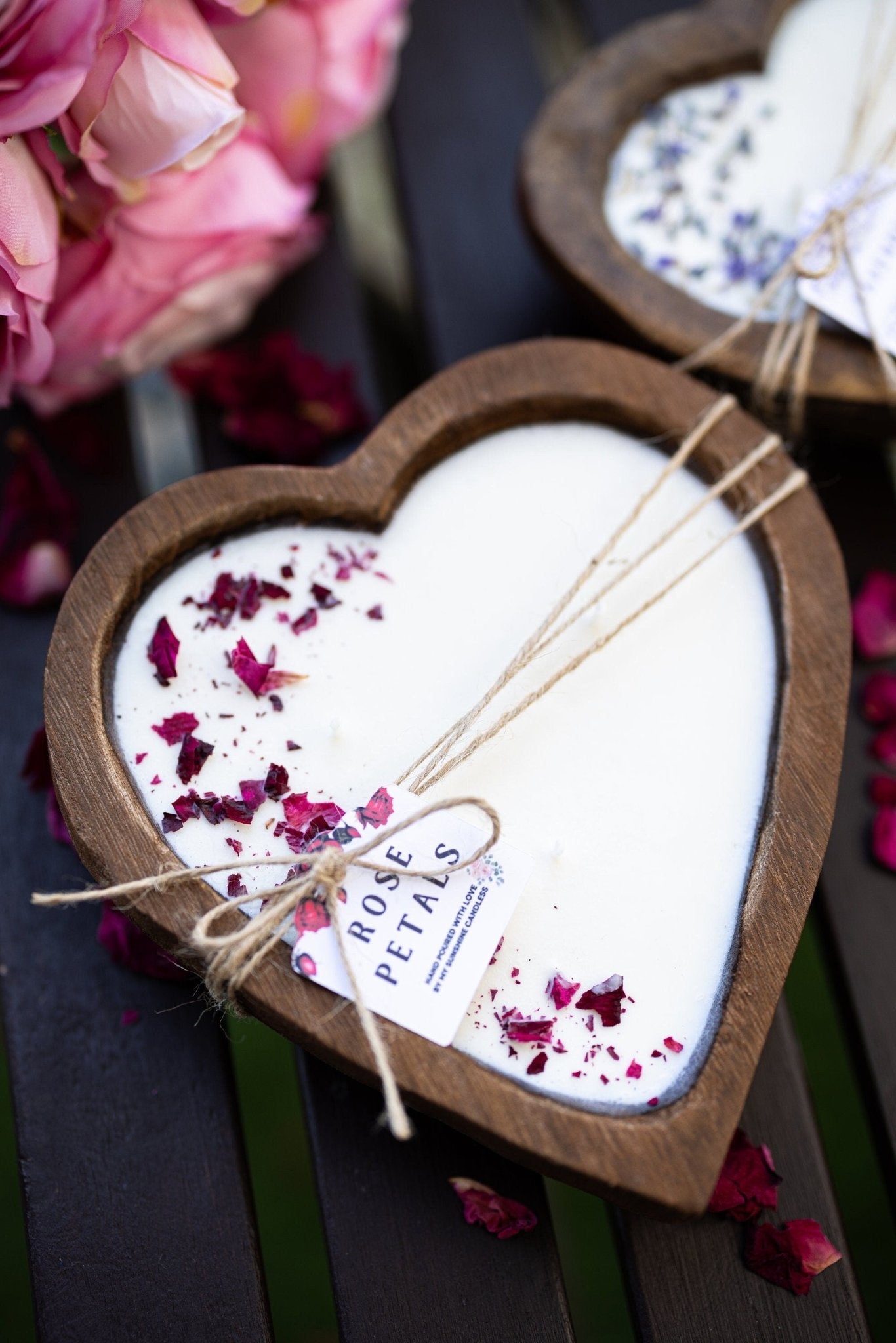 Large Heart Wood Dough Bowl Candle/Petal Rose Candle/ Soy Wax Candle/Love Engagement Wedding Bridal Mother's Day