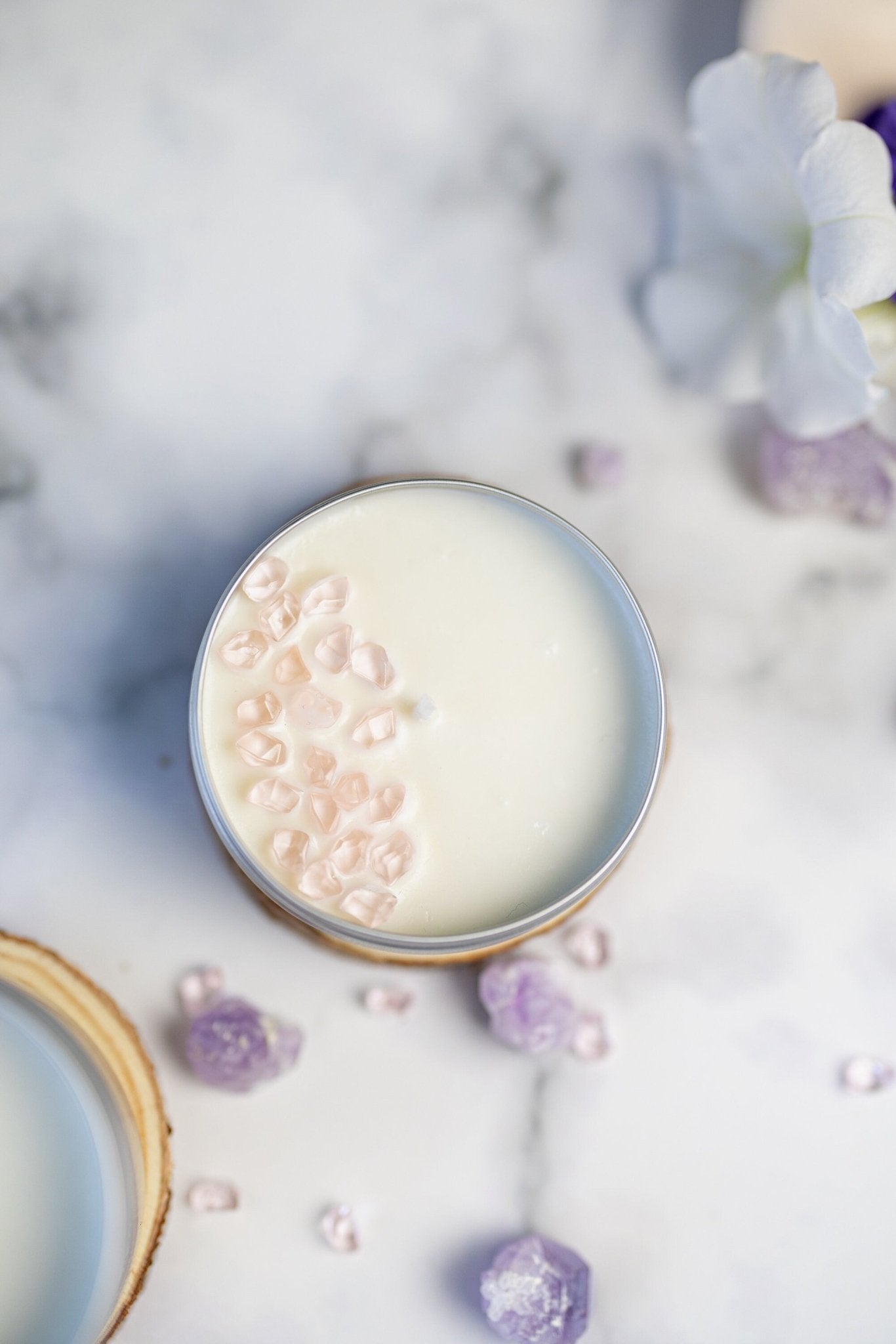 Sea Salt & Orchid Candle with Stones and Crystals , Tins Hand-poured Soy wax Candles