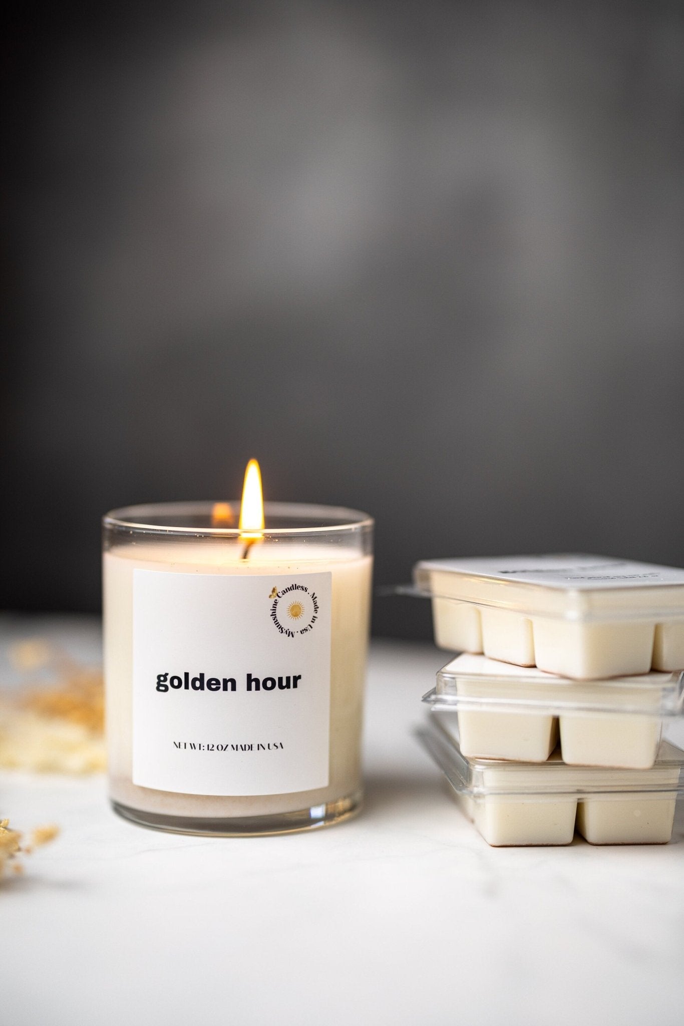 Golden Hour Scented Candle Set - Soy Wax Candle in Glass Jar + Wax Melts - MY Sunshine Candless