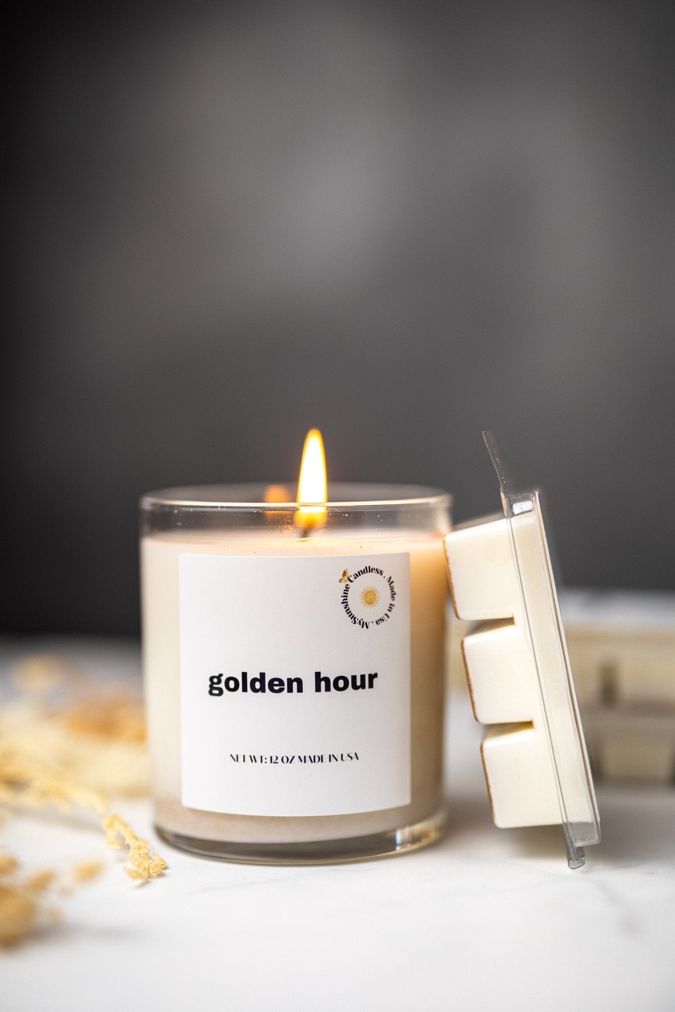 Golden Hour Scented Wax Candle/9 oz Candle/Clear Glass Jar + Wax MELTS